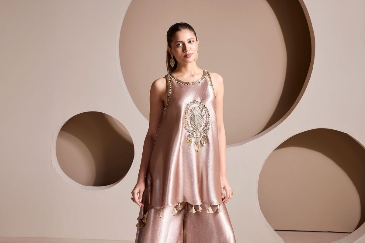 Metallic Beige Embellished Crepe Satin Silk Palazzo Set