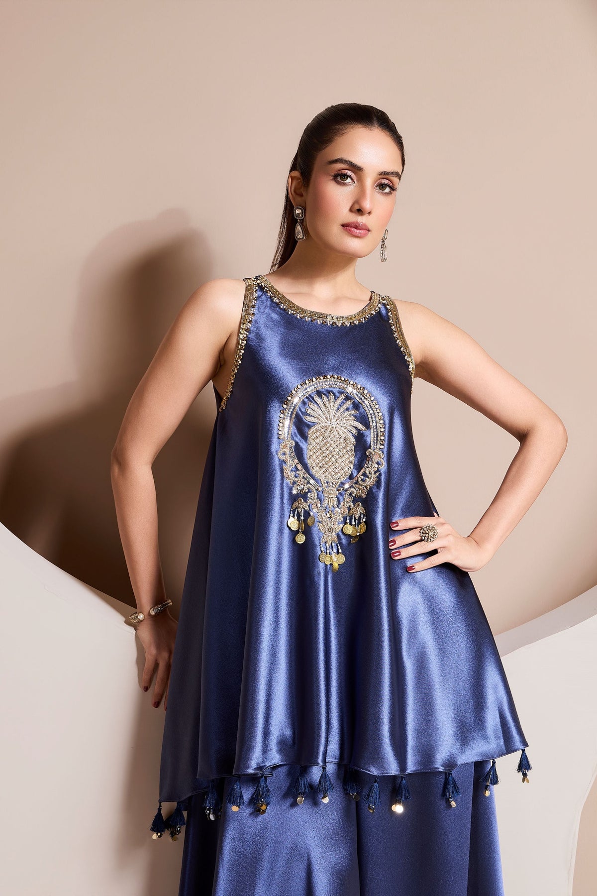 Blue Ocean Embellished Satin Silk Palazzo Set