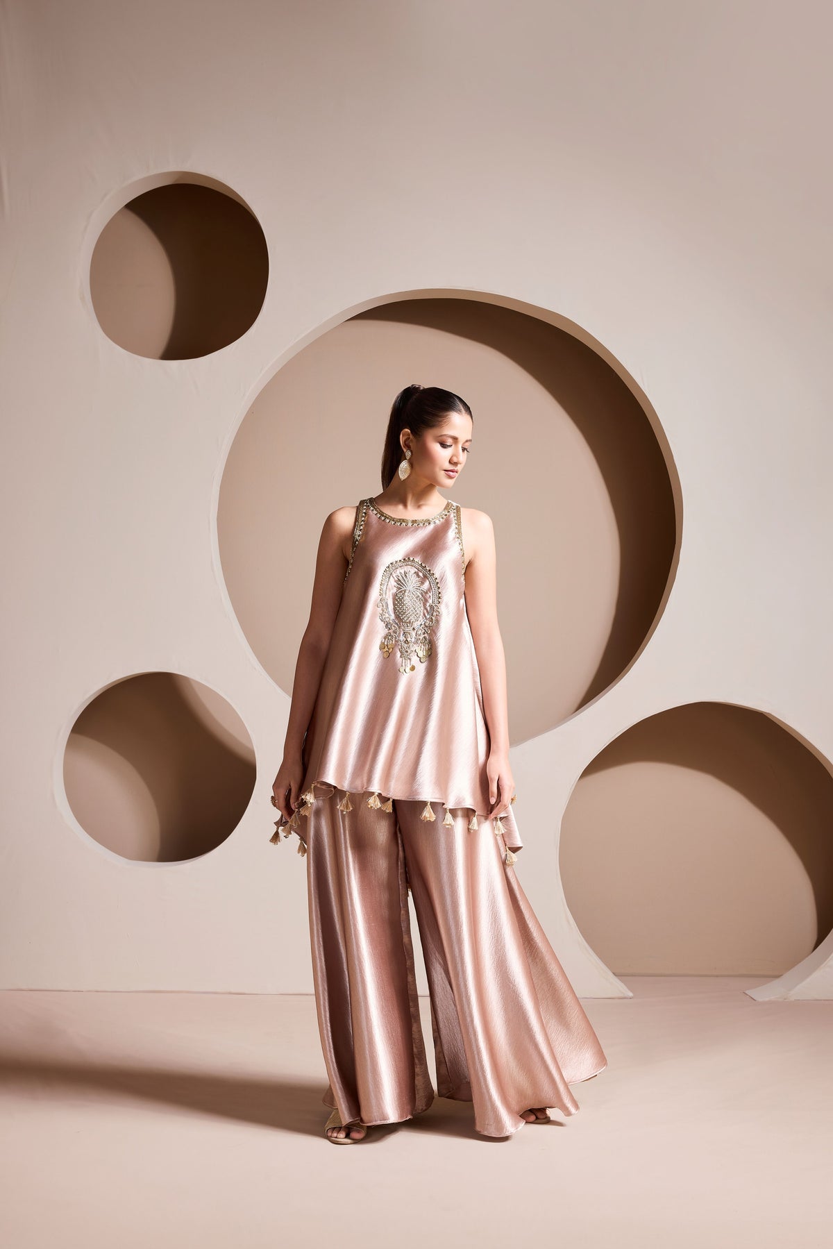 Rose Gold Embellished Satin Silk Palazzo Set