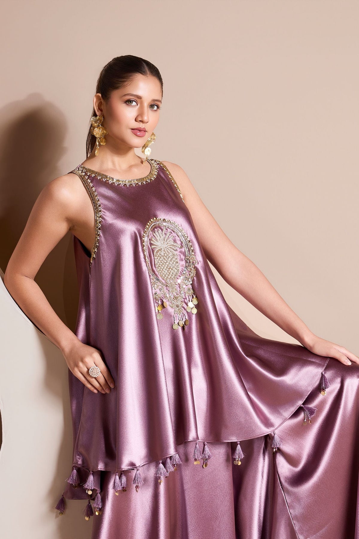 Powder Lilac Embellished Satin Silk Palazzo Set