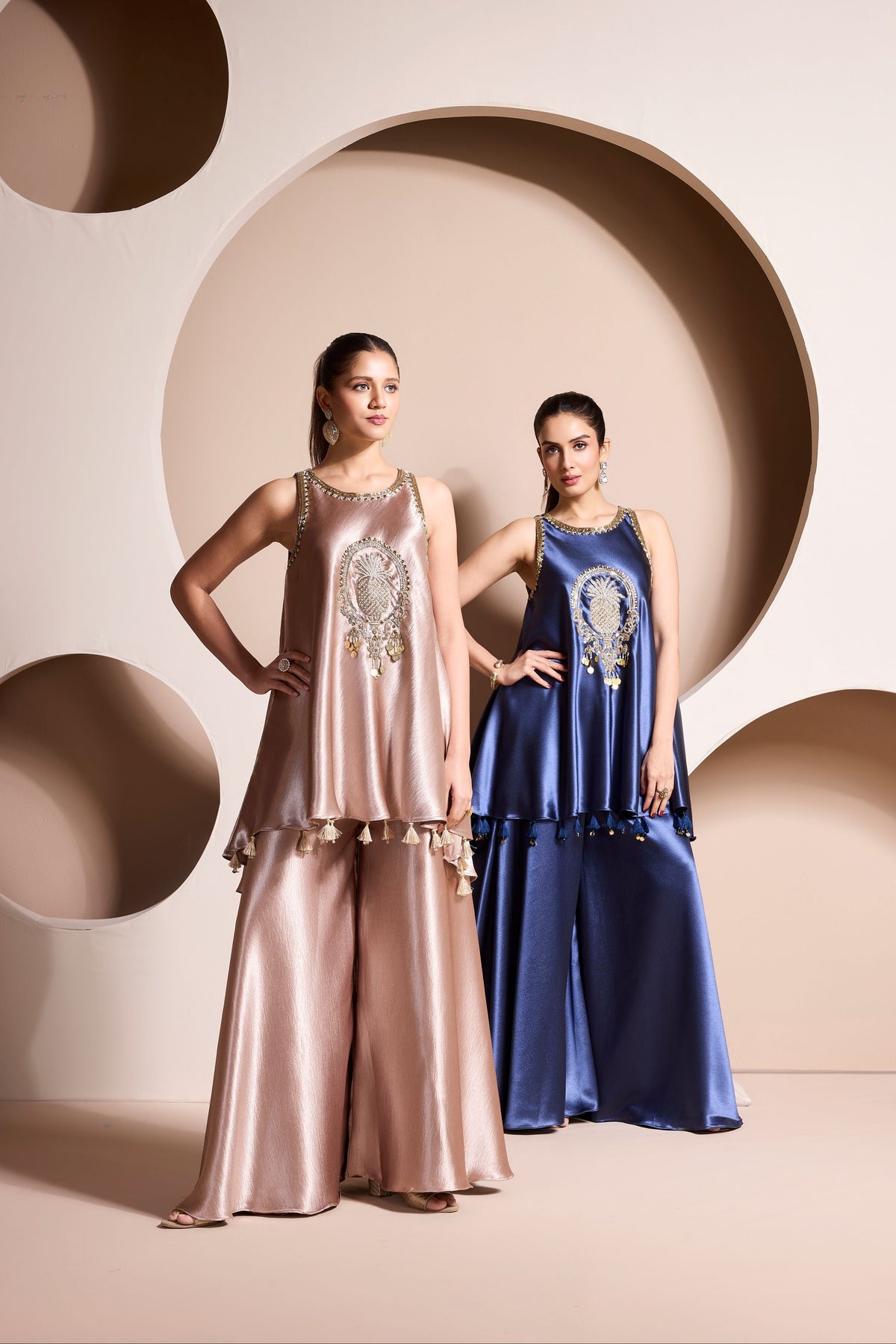 Blue Ocean Embellished Satin Silk Palazzo Set