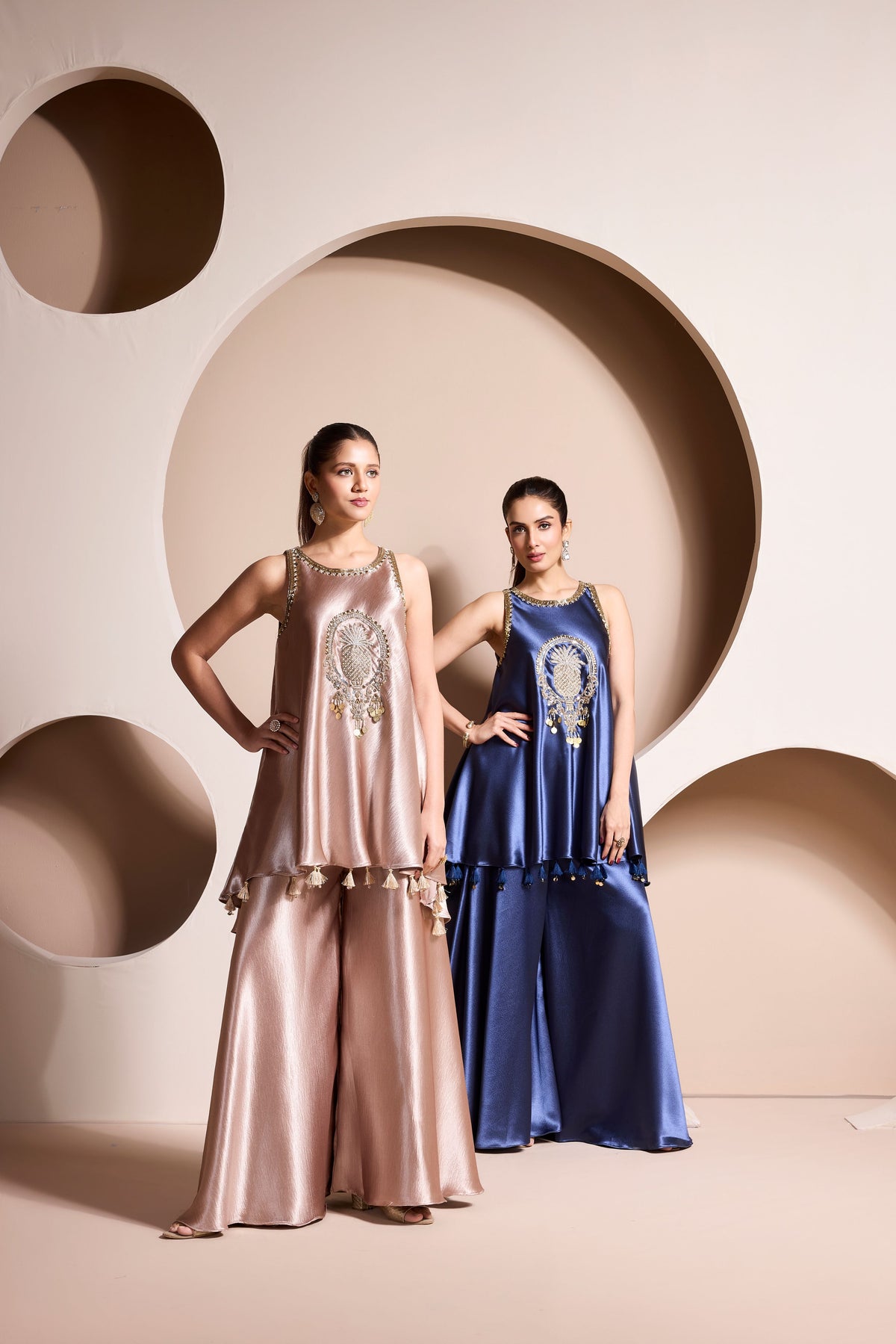 Metallic Beige Embellished Crepe Satin Silk Palazzo Set