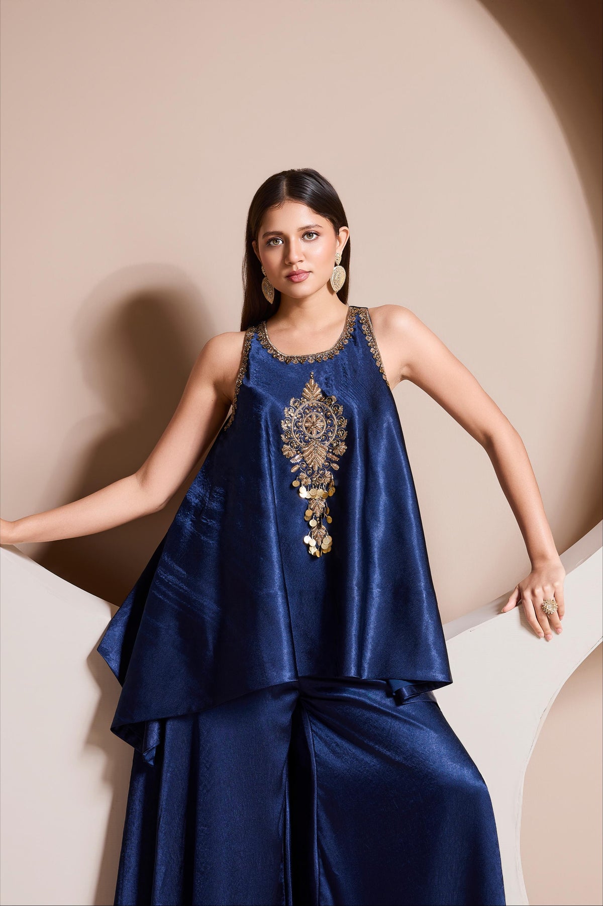 Cerulean Embellished Satin Silk Palazzo Set