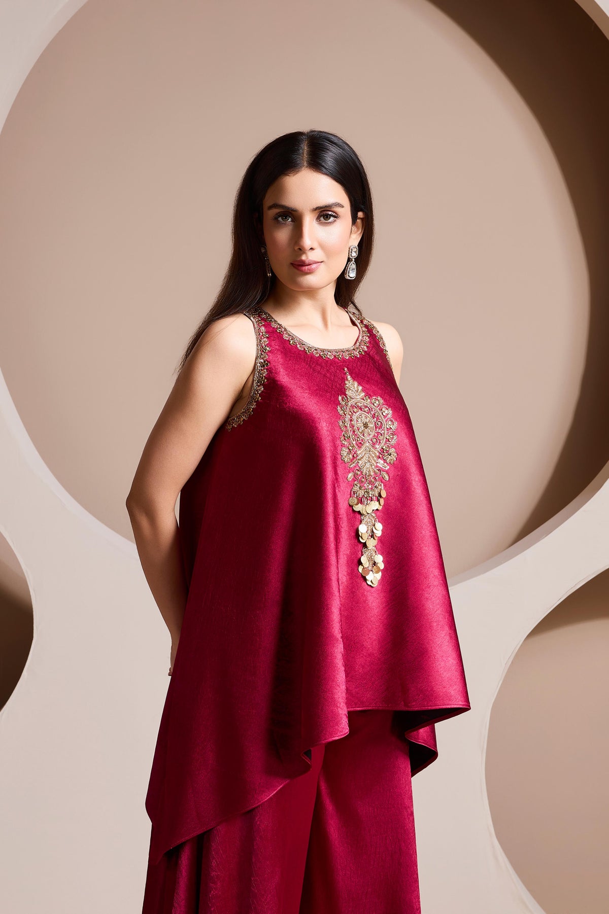Magenta Embellished Satin Silk Palazzo Set