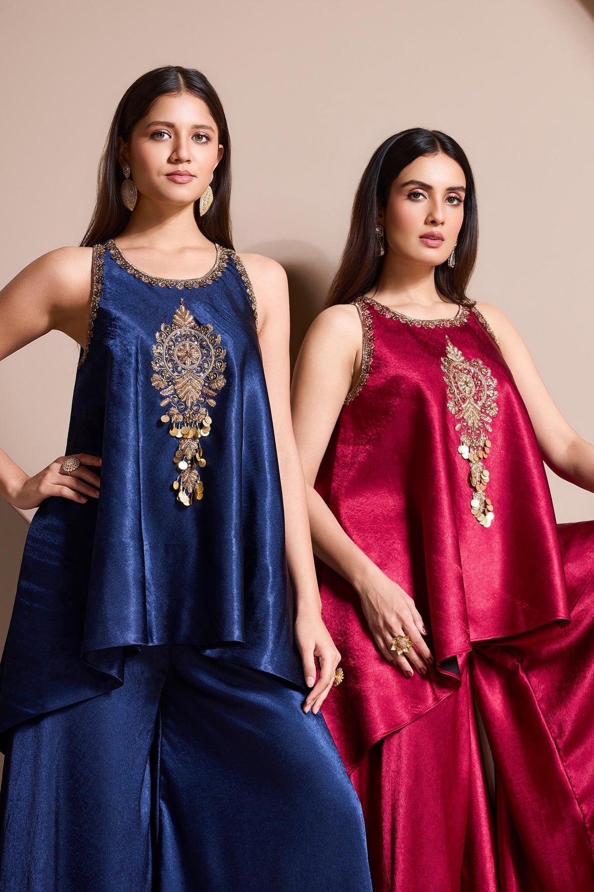 Cerulean Embellished Satin Silk Palazzo Set