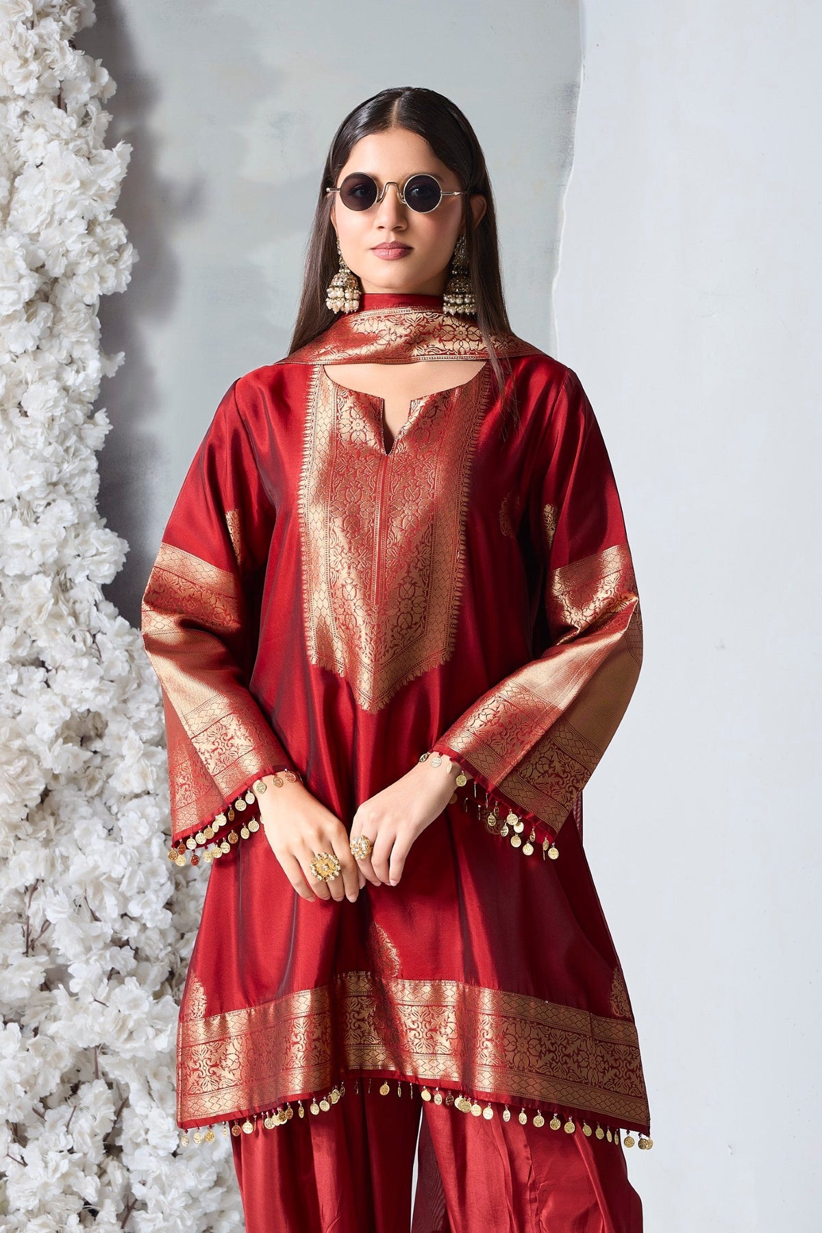 Deep Crimson Embellished Viscose Silk Dhoti Set
