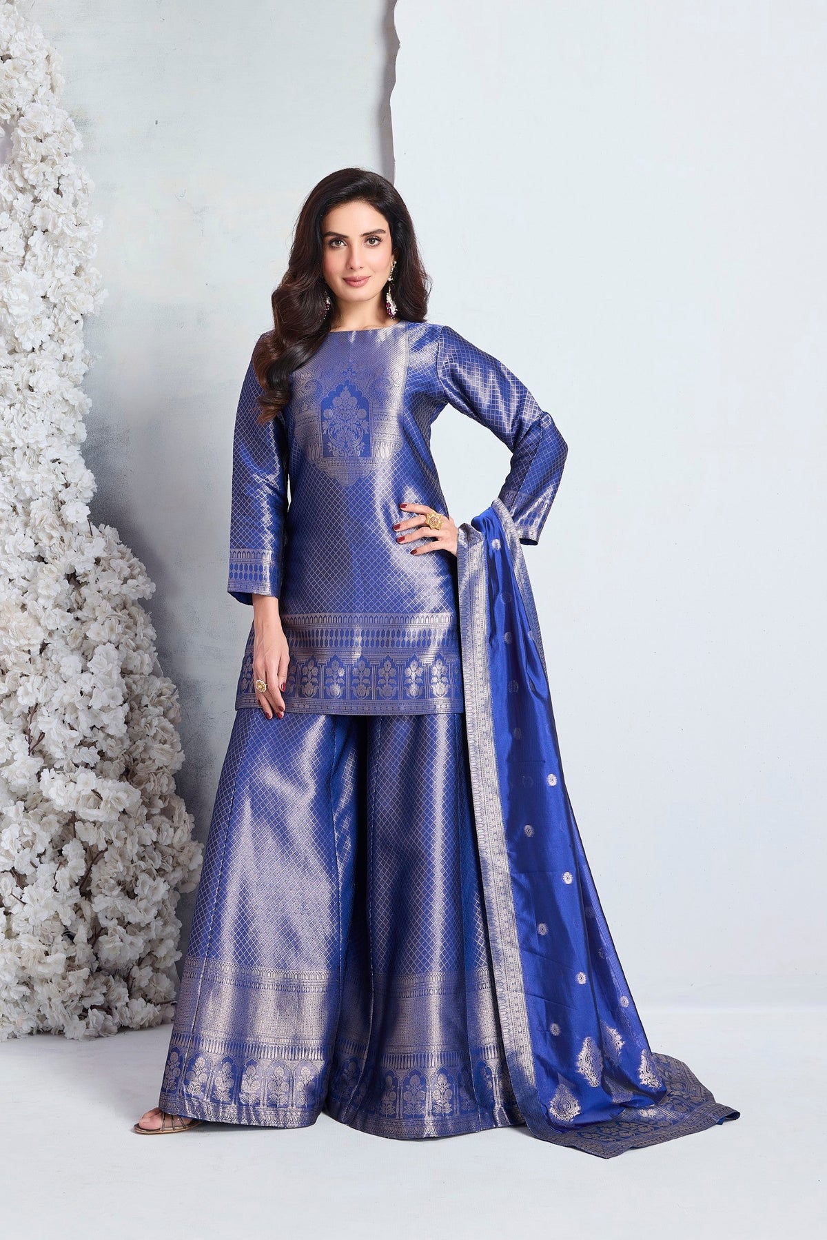 Indigo Blue Embellished Viscose Silk Palazzo Set