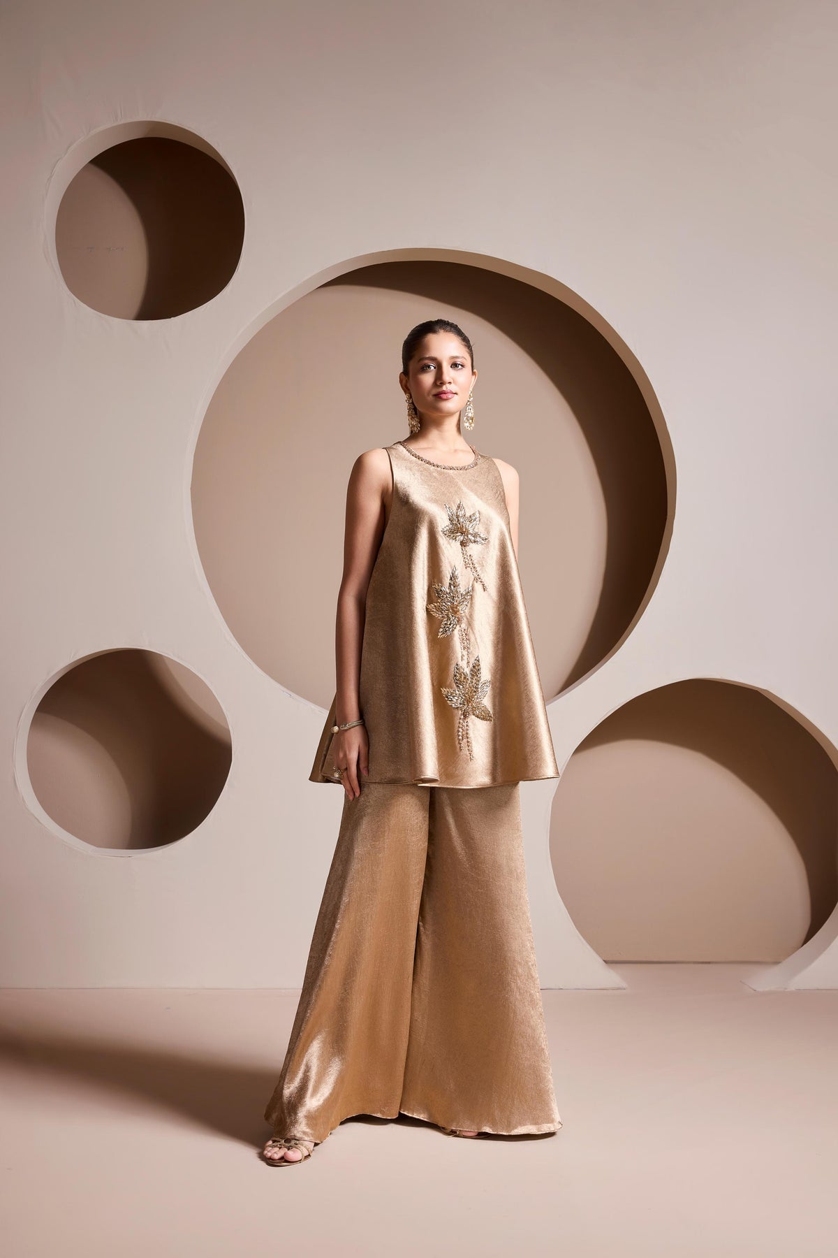 Golden Muse Embellished Satin Silk Palazzo Set
