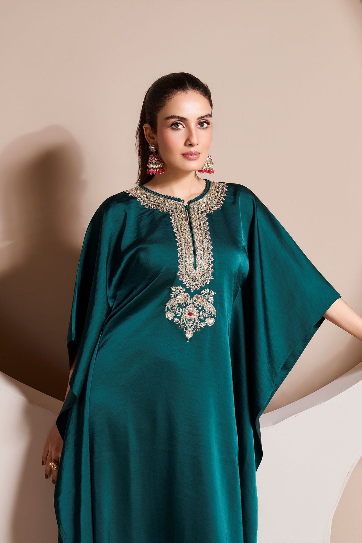 Teal Embellished Premium Satin Silk Kaftan Set