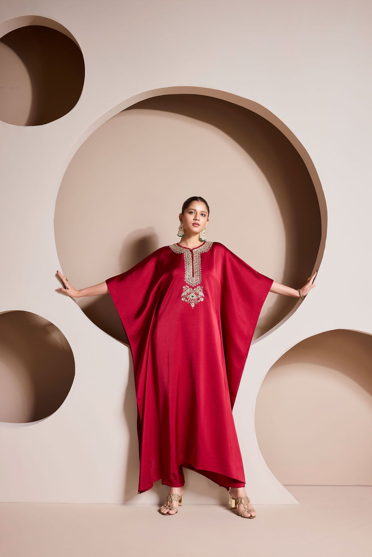 Ruby Red Embellished Premium Satin Silk Kaftan Set