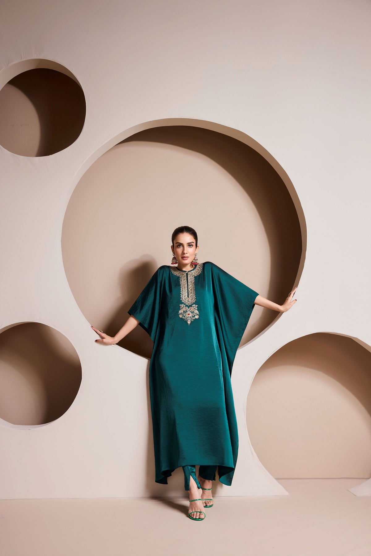 Teal Embellished Premium Satin Silk Kaftan Set