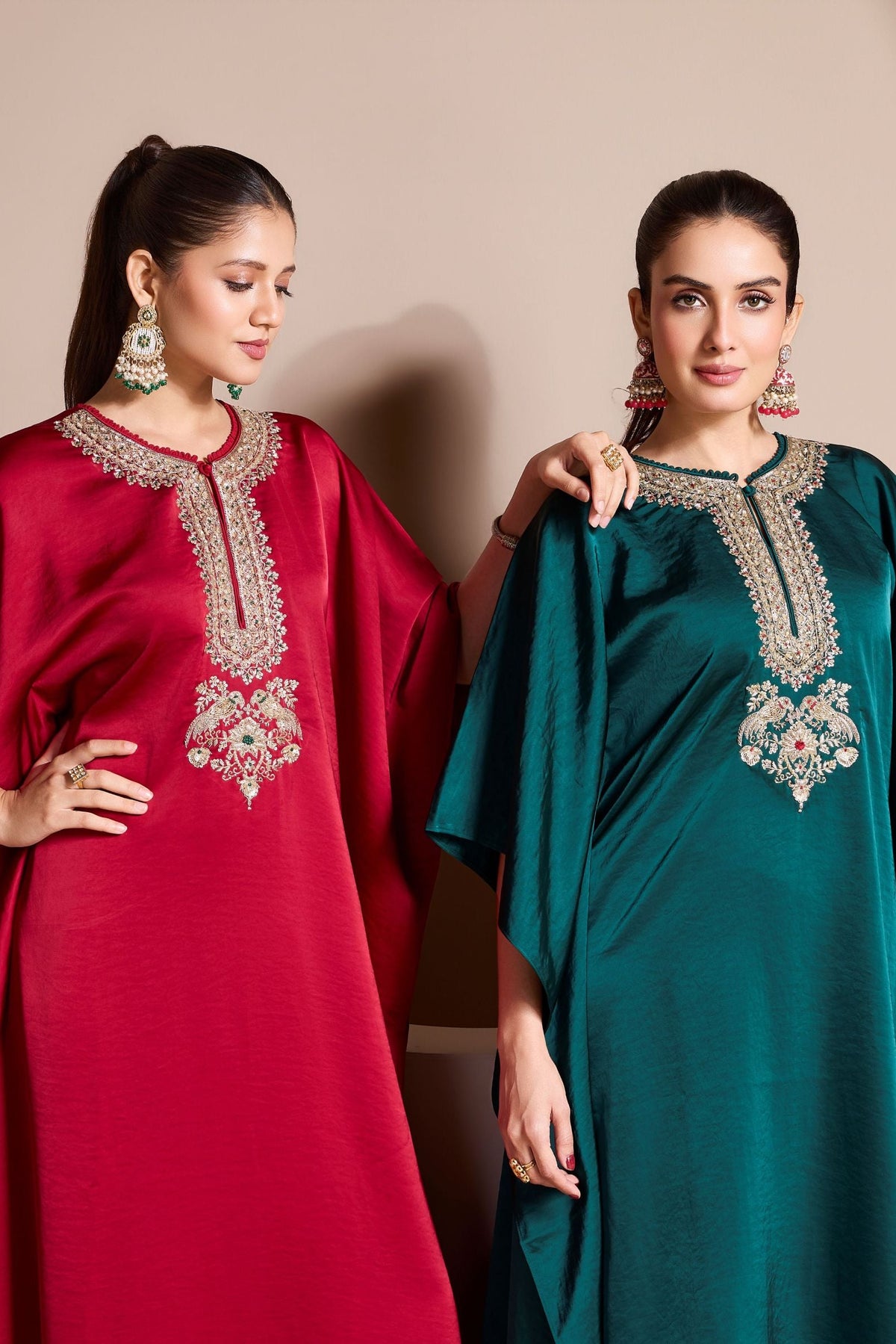Ruby Red Embellished Premium Satin Silk Kaftan Set