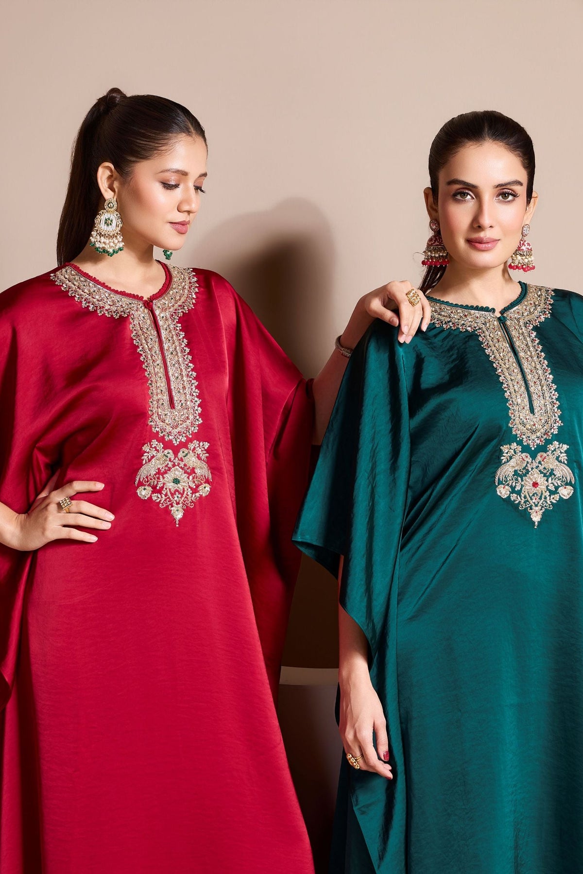 Teal Embellished Premium Satin Silk Kaftan Set