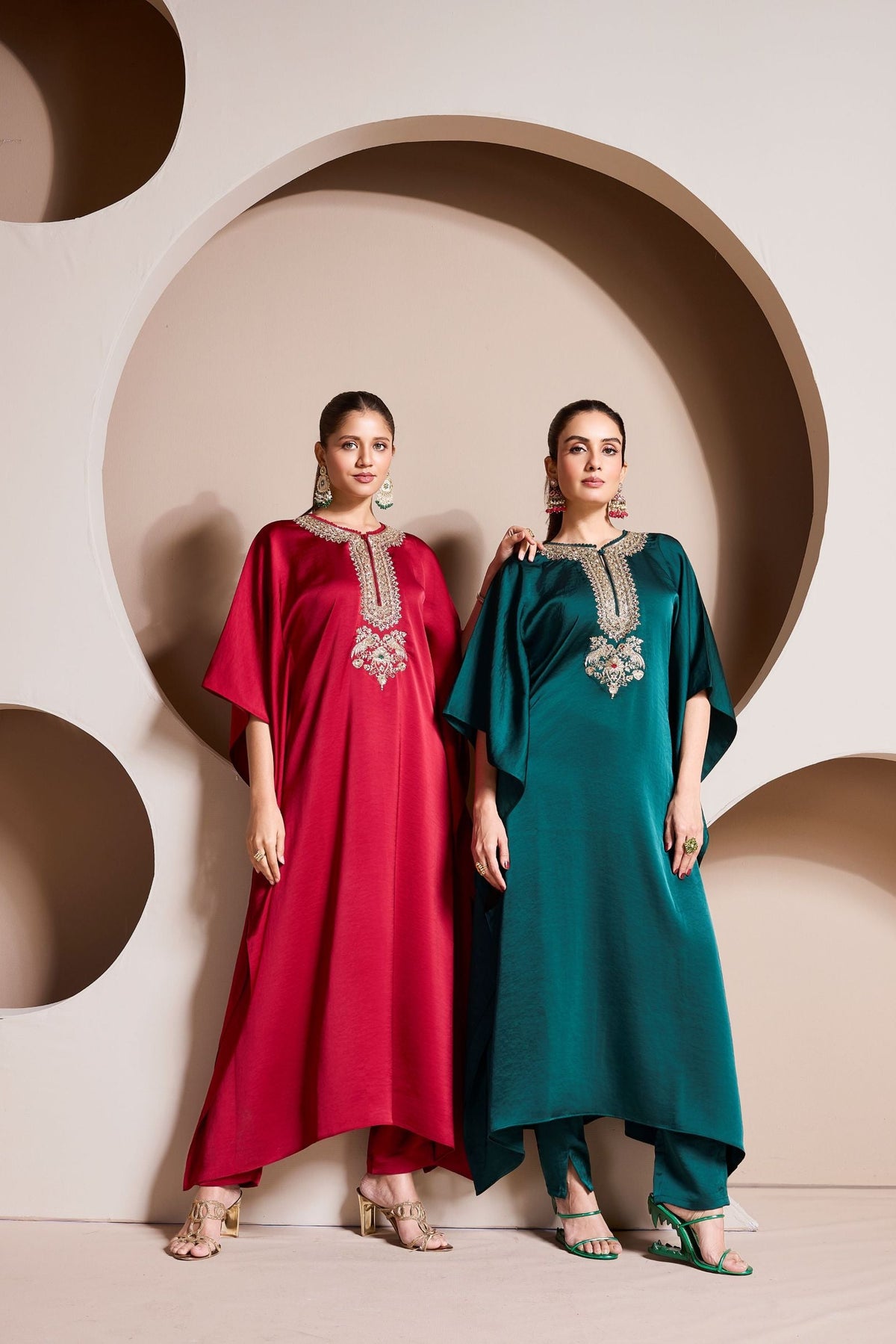 Ruby Red Embellished Premium Satin Silk Kaftan Set