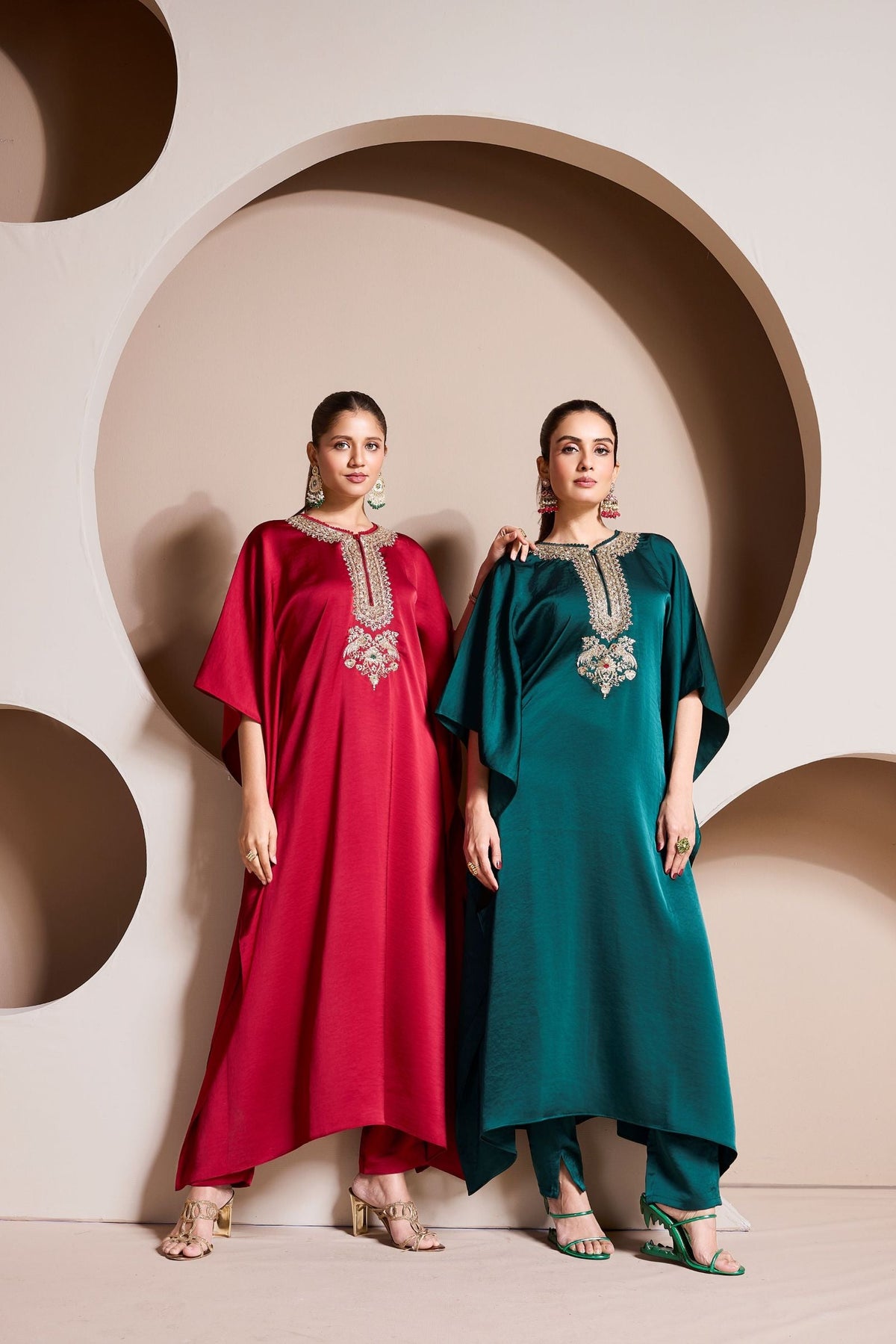 Teal Embellished Premium Satin Silk Kaftan Set