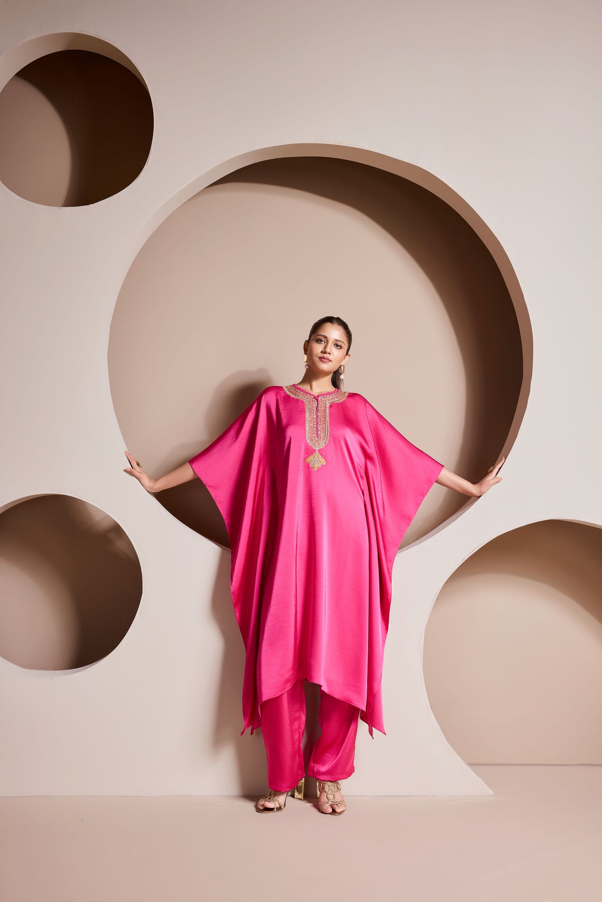 Bubblegum Pink Embellished Premium Satin Silk Kaftan Set