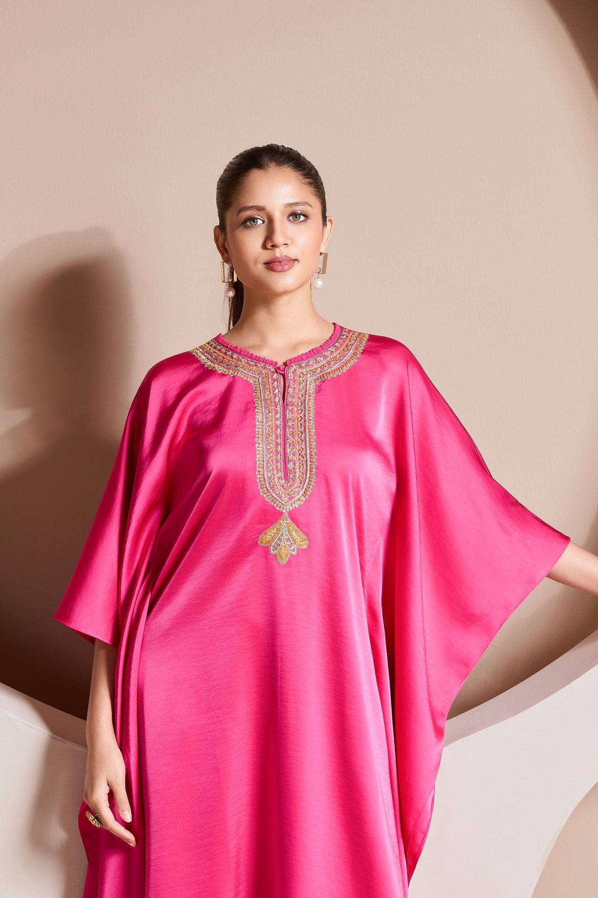 Bubblegum Pink Embellished Premium Satin Silk Kaftan Set