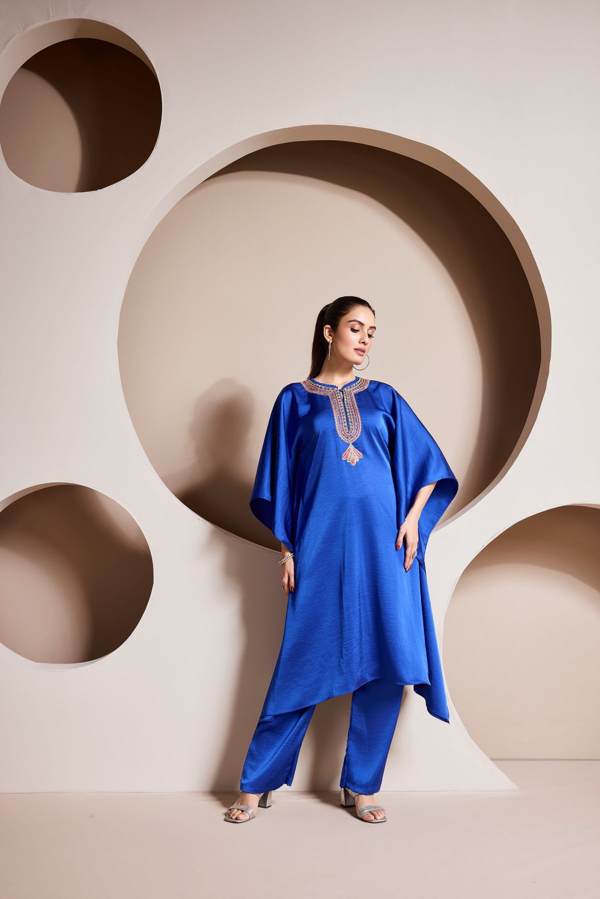 Blue Sapphire Embellished Premium Satin Silk Kaftan Set