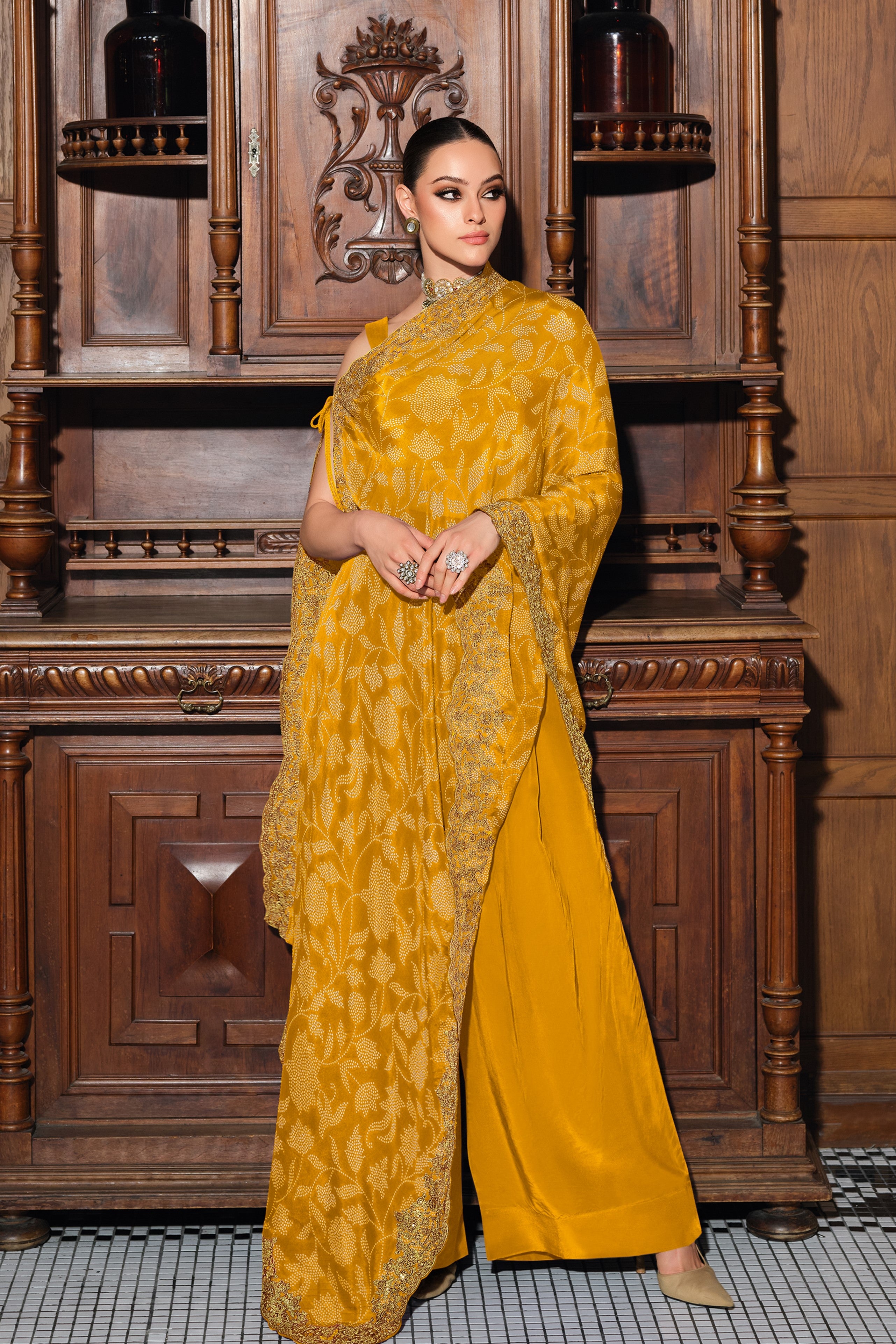 Ochre Yellow Chinon Silk Tunic & Palazzo Set