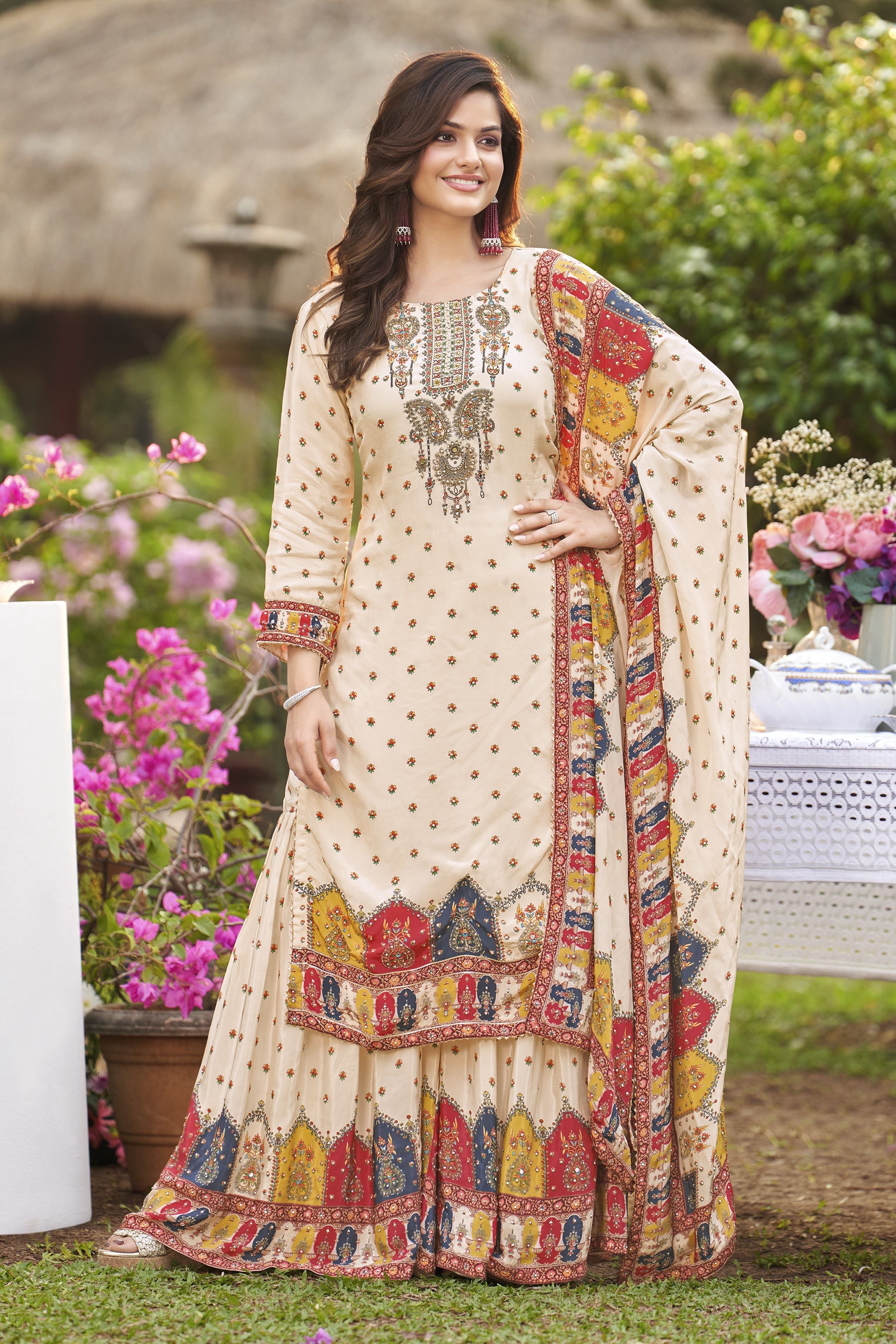 Cream Printed Crepe Silk Sharara Set