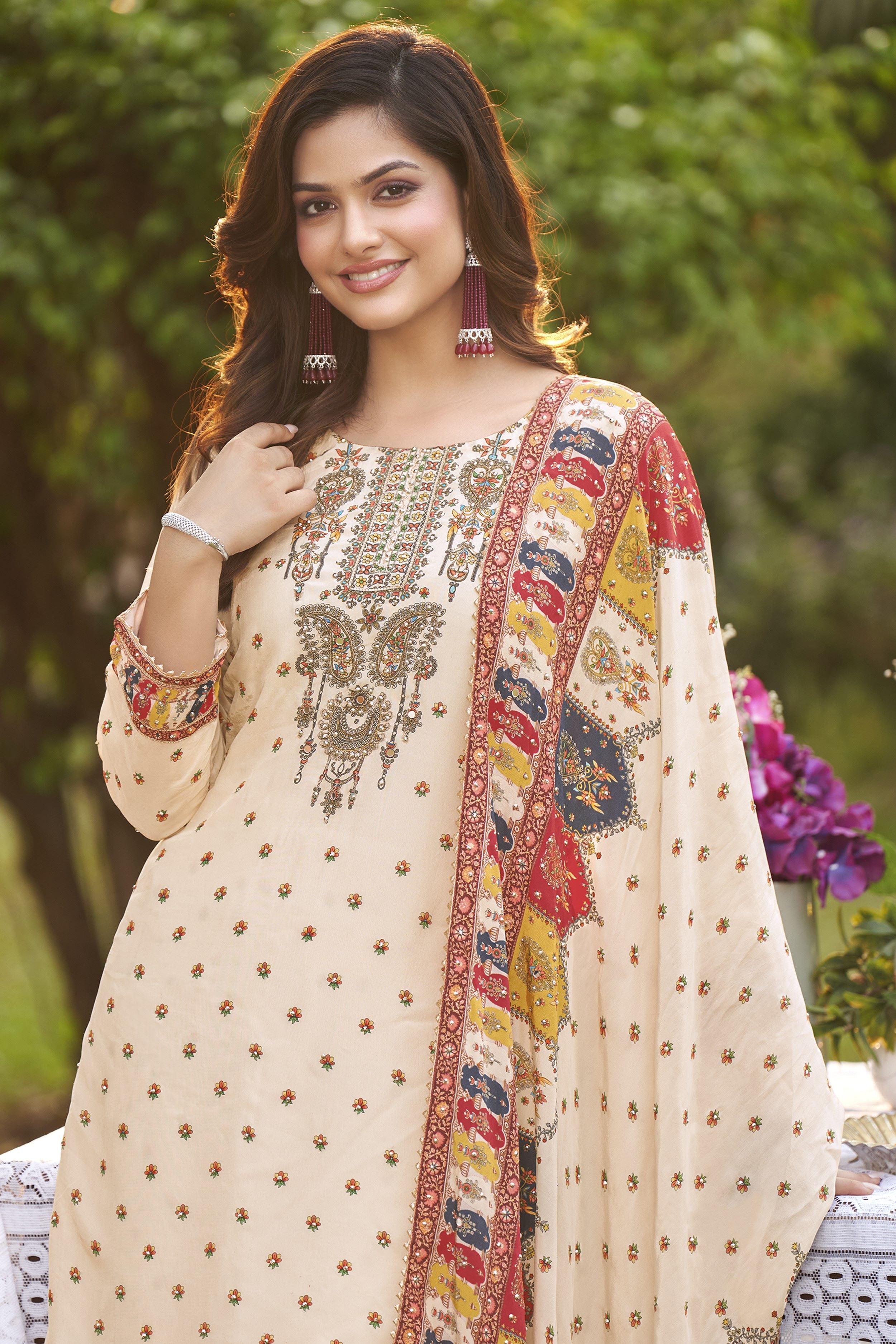 Cream Printed Crepe Silk Sharara Set