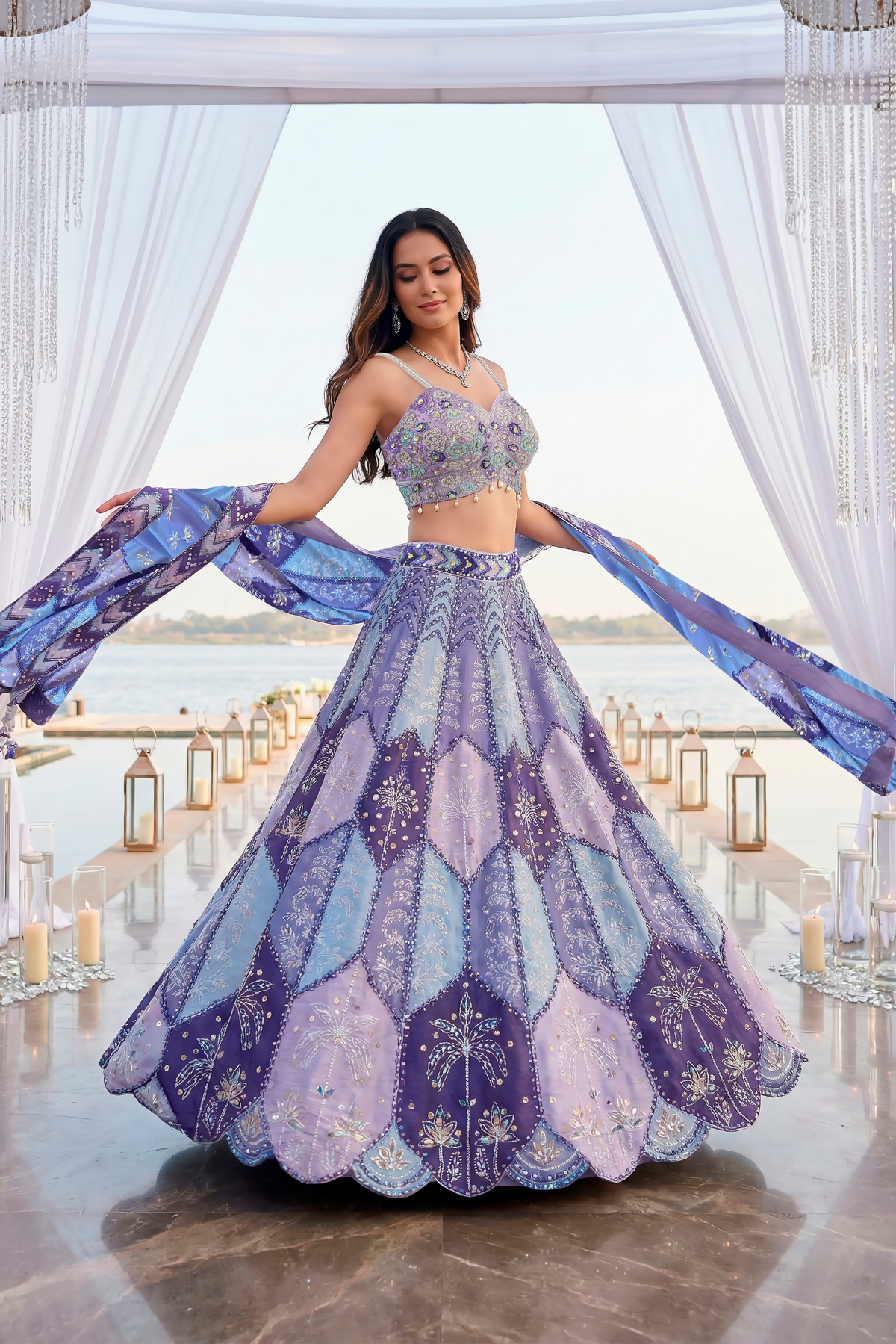 Multi Lavender Embellished Premium Silk Lehenga Set