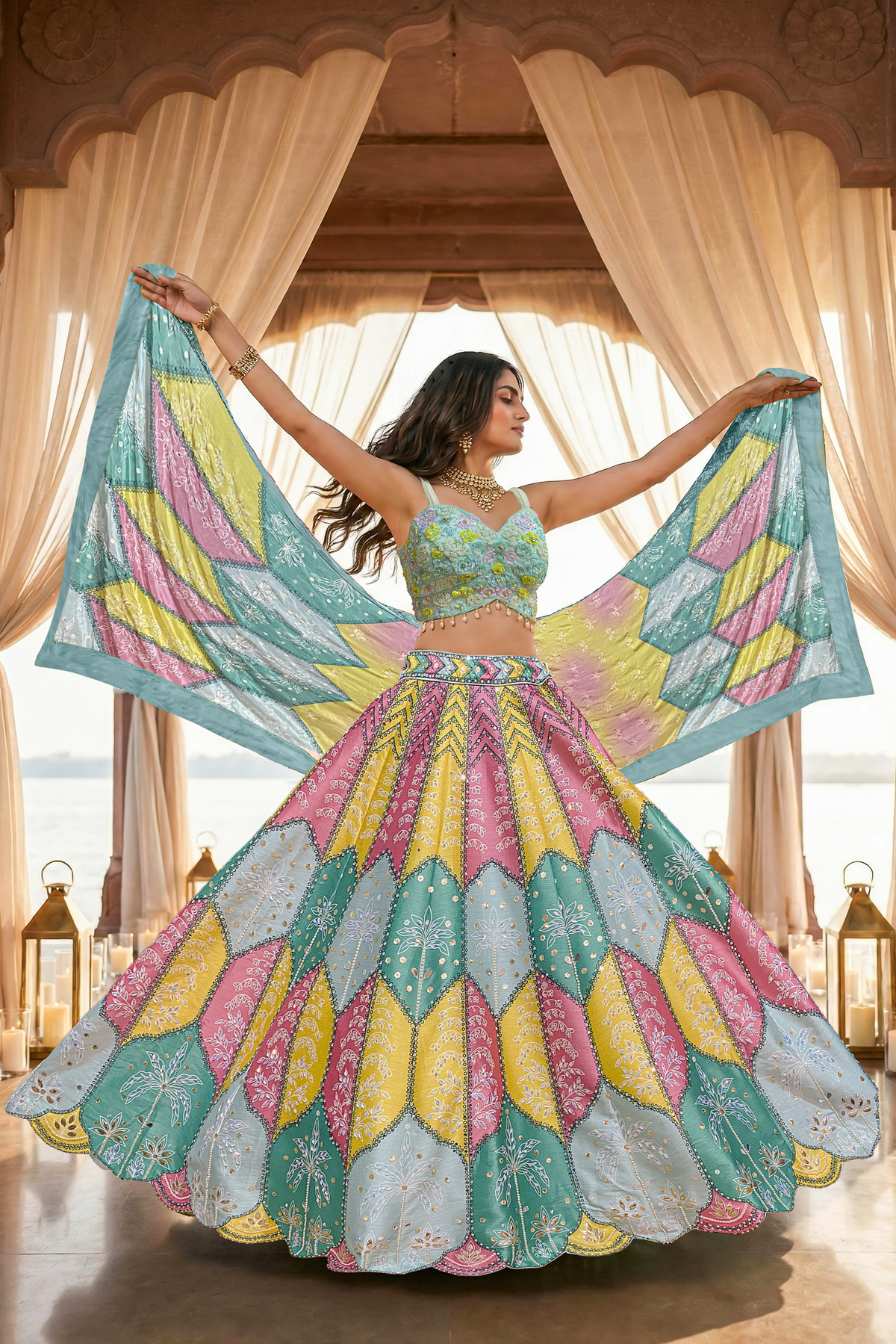 Multi Mint Embellished Premium Silk Lehenga Set