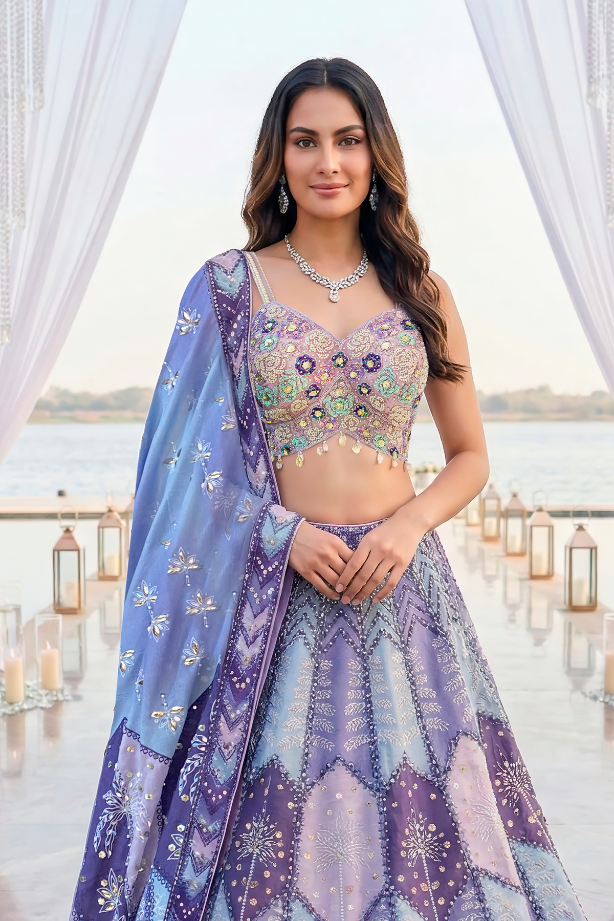 Multi Lavender Embellished Premium Silk Lehenga Set