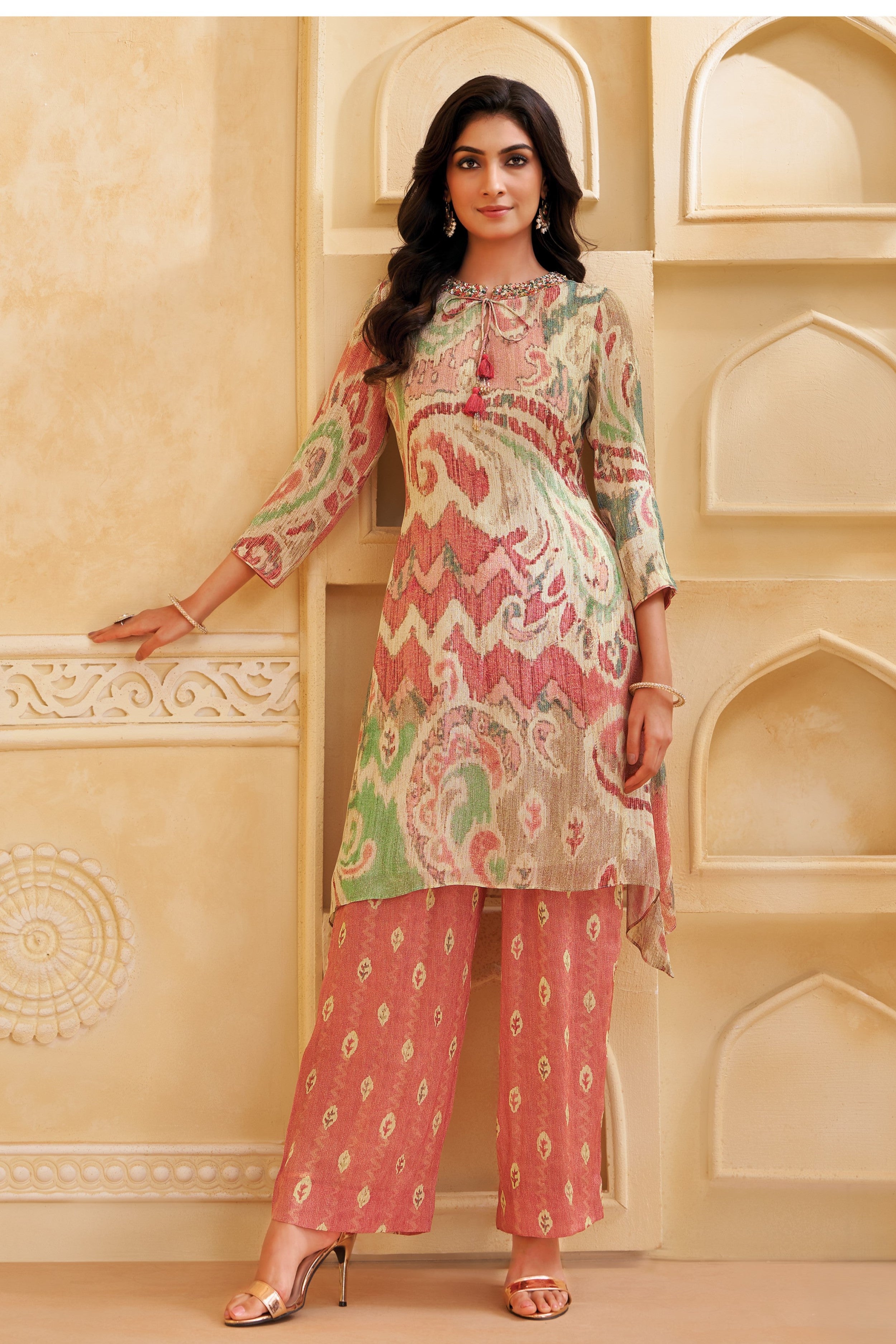 Coral Printed Georgette Tissue Silk Kurta Set