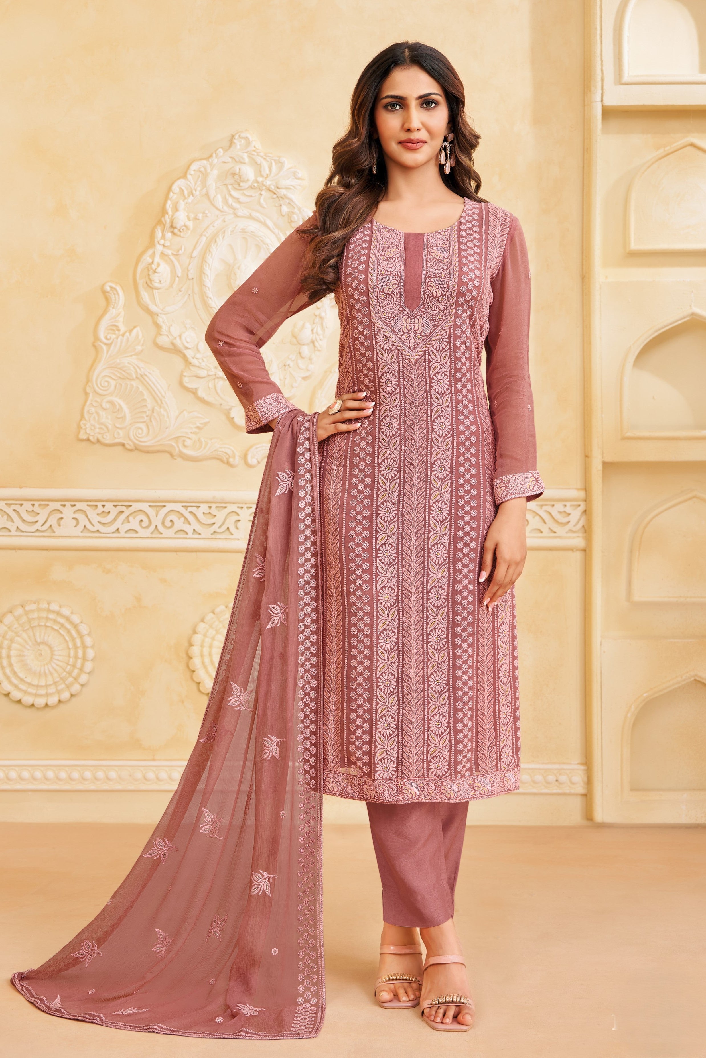 Muted Pink Embellished Georgette Silk Pant Set