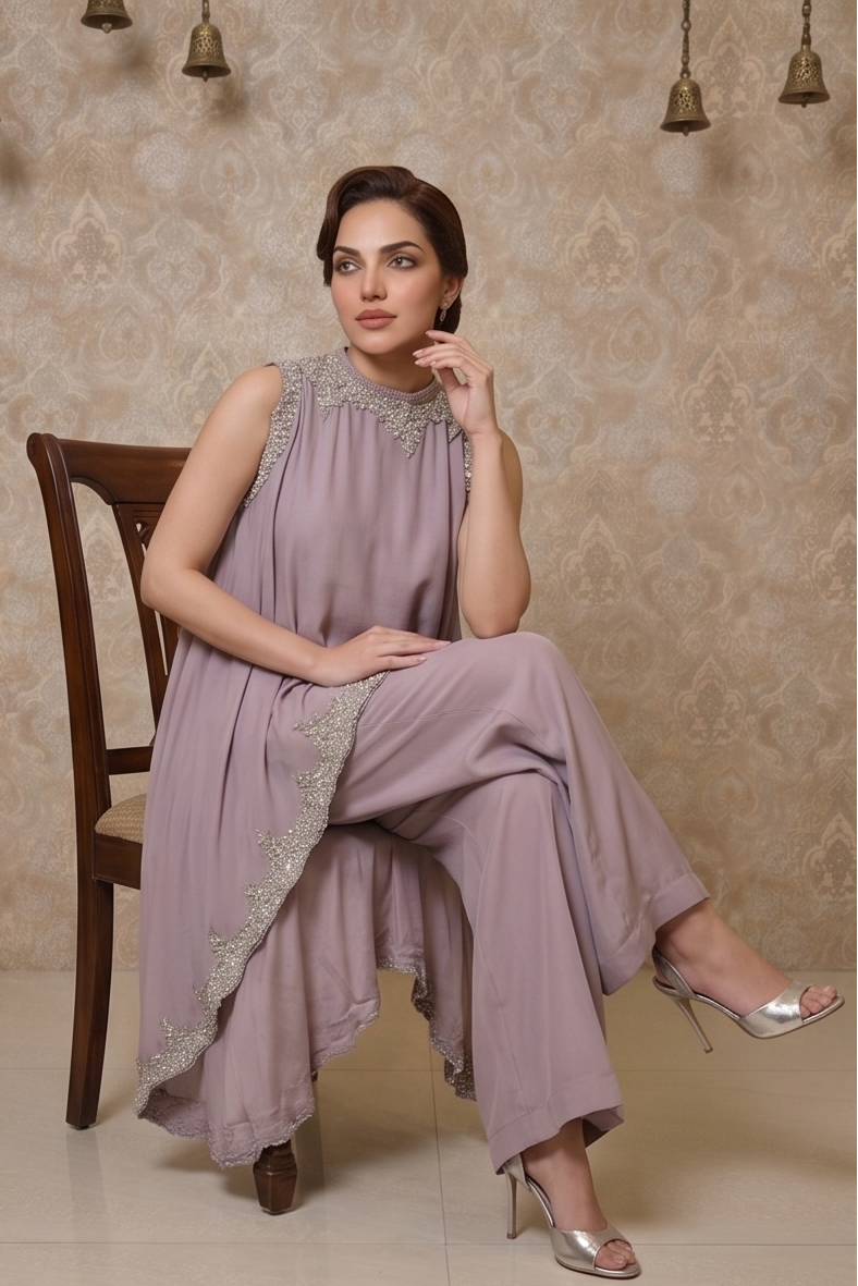 Lilac Mauve Embellished Chinon Silk Palazzo Set