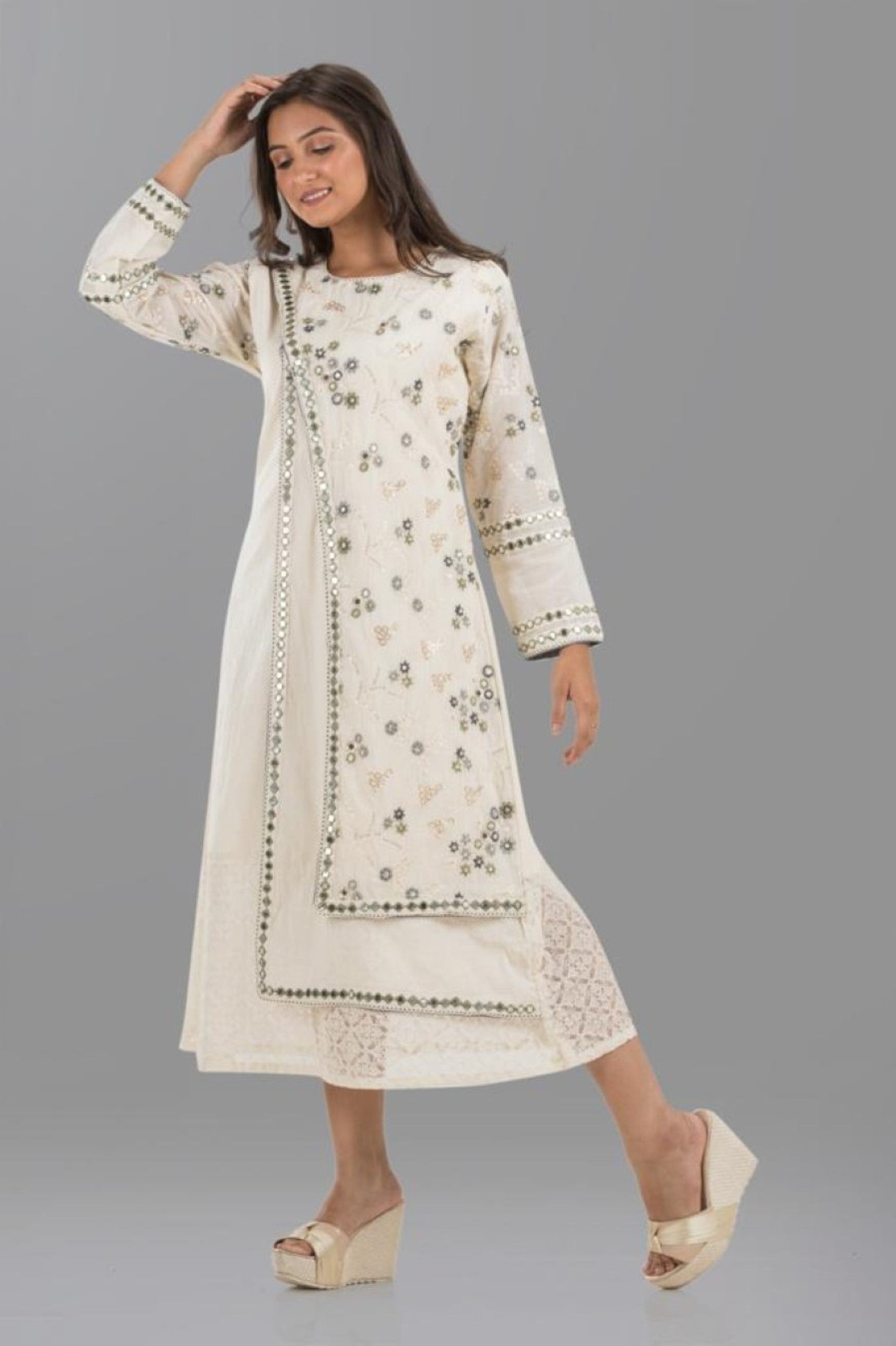 White Floral Embroidered Cotton Silk Layered Dresses