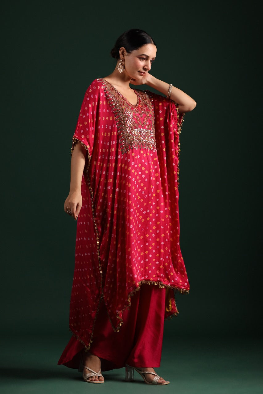 Rani Pink Bandhej Embellished Kaftan Set
