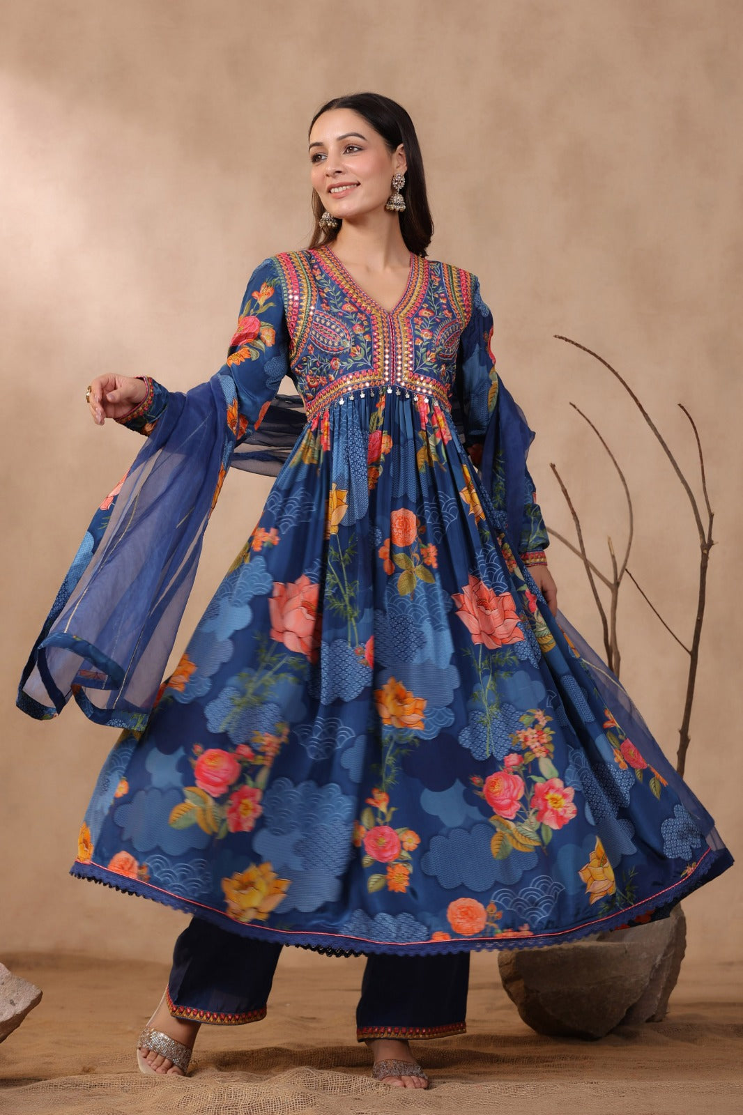 Royal Blue Floral Embellished Anarkali Set