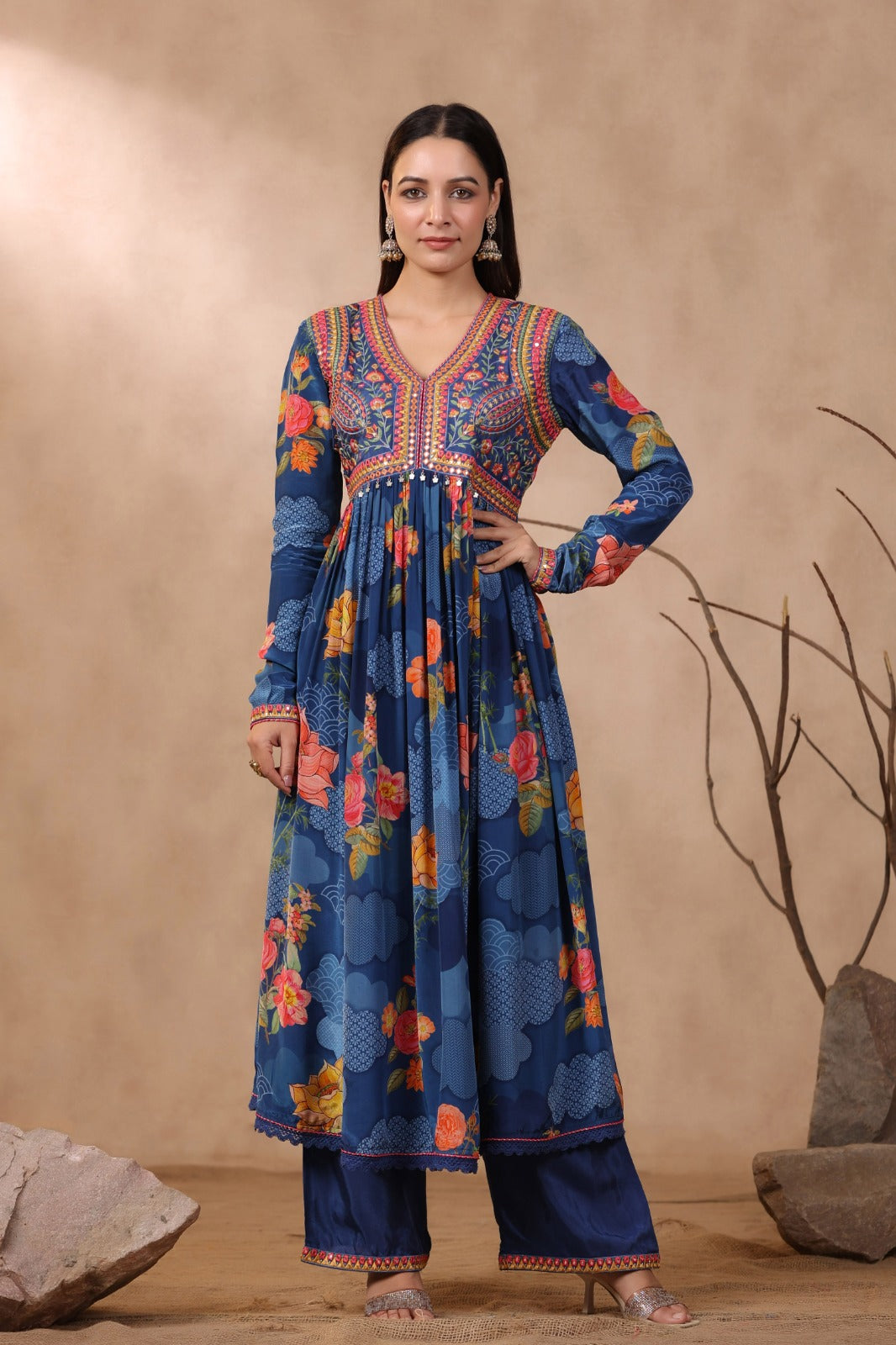 Royal Blue Floral Embellished Anarkali Set