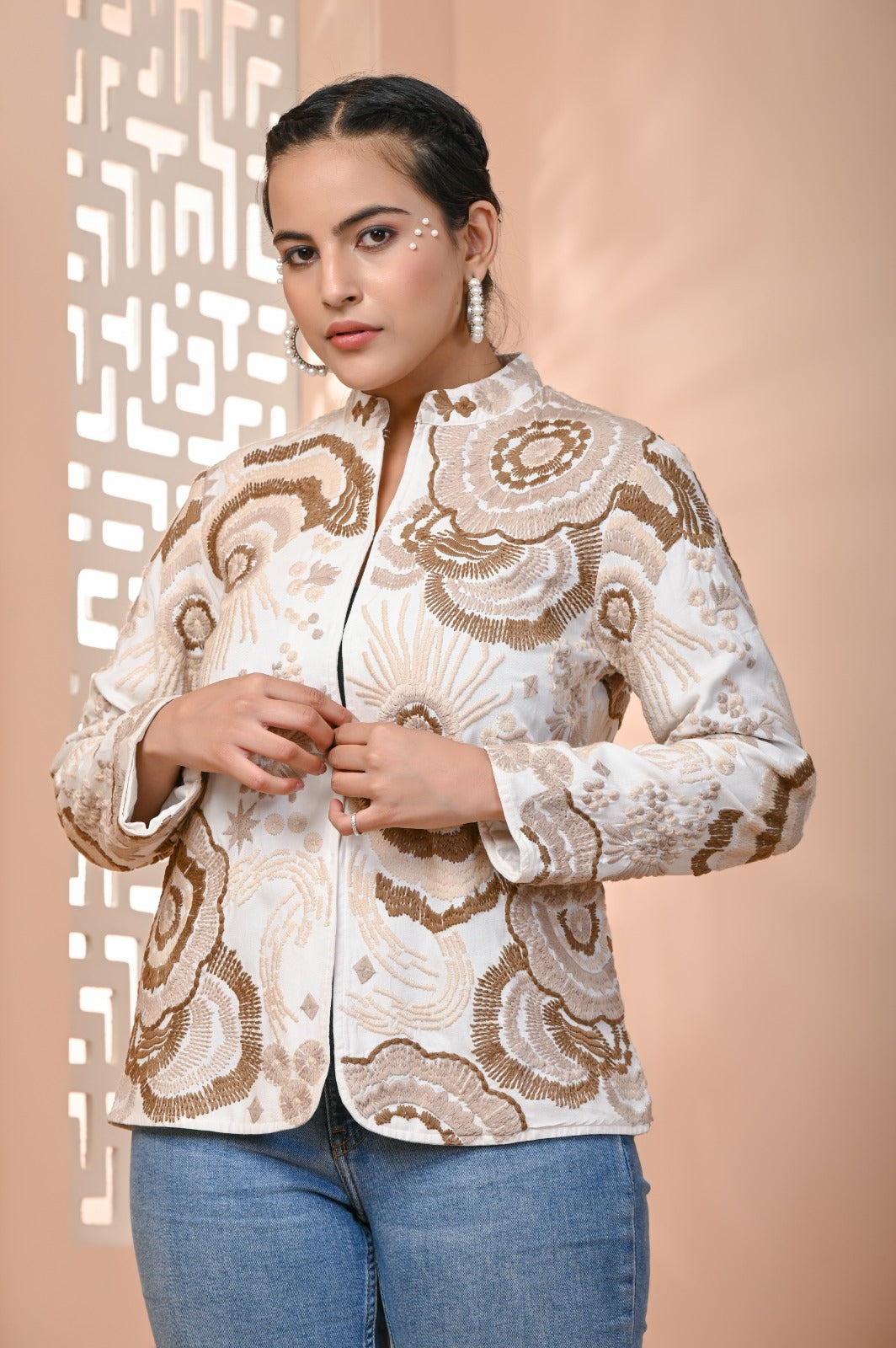 White Belgium Linen With Kathiawadi Work Jacket
