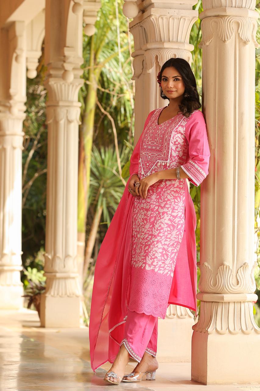 Pink Batik Printed Cotton Silk Pants Set