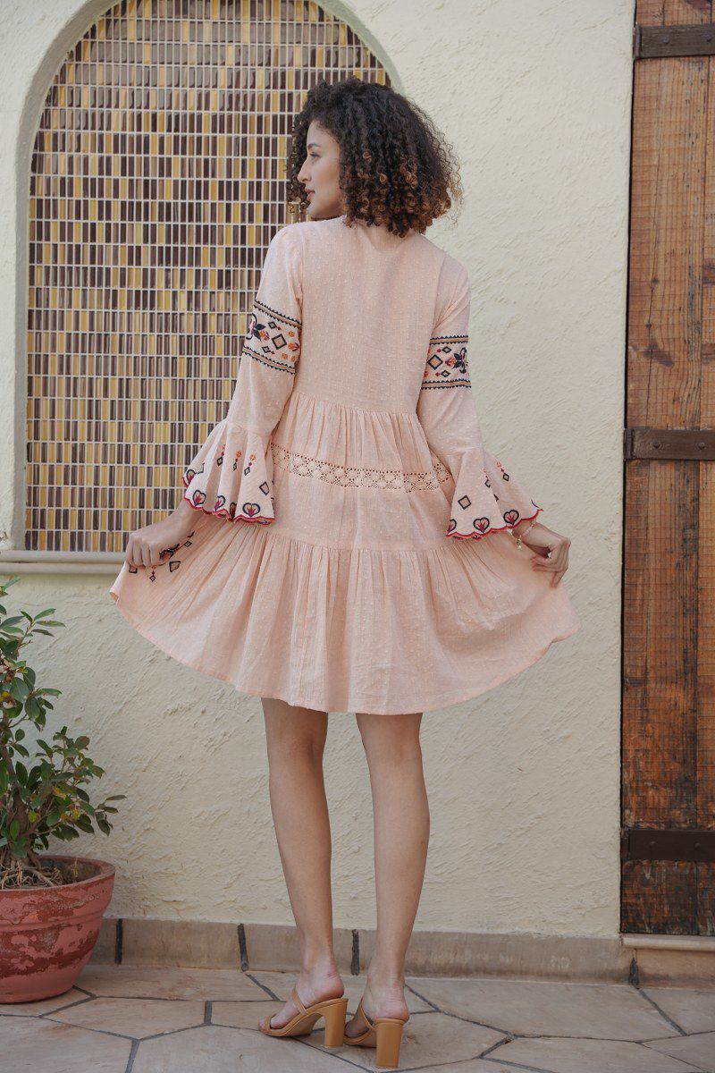 Light Peach Embroidered Cotton Linen Dress