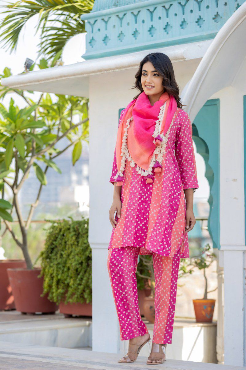 Pink Bandhej Printed Organic Cotton Kurta Set