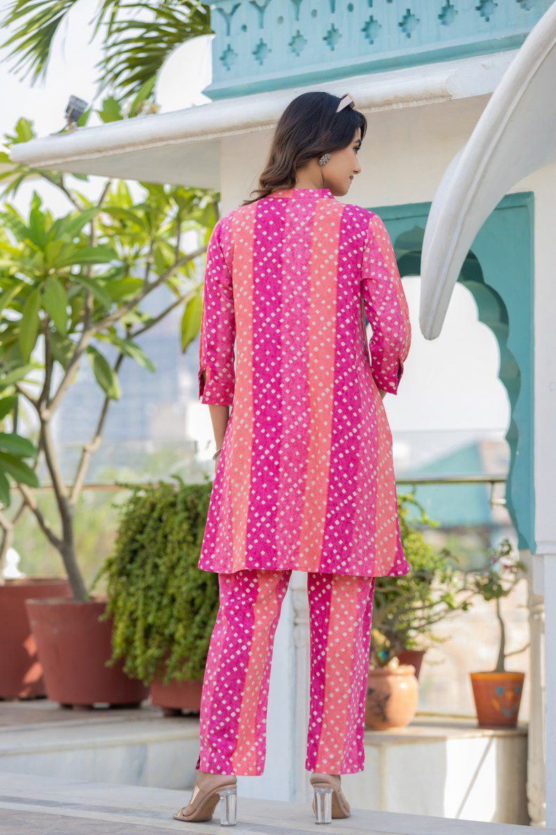 Pink Bandhej Printed Organic Cotton Kurta Set