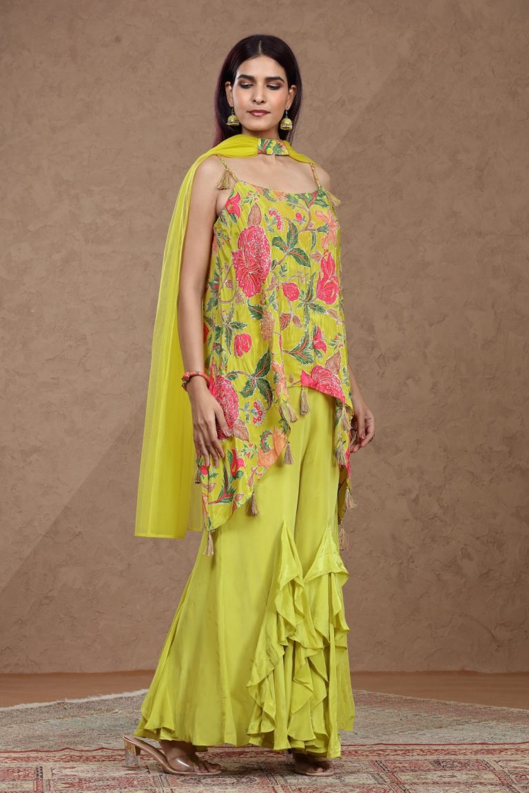 Neon Floral Printed Crepe Silk Palazzo Set