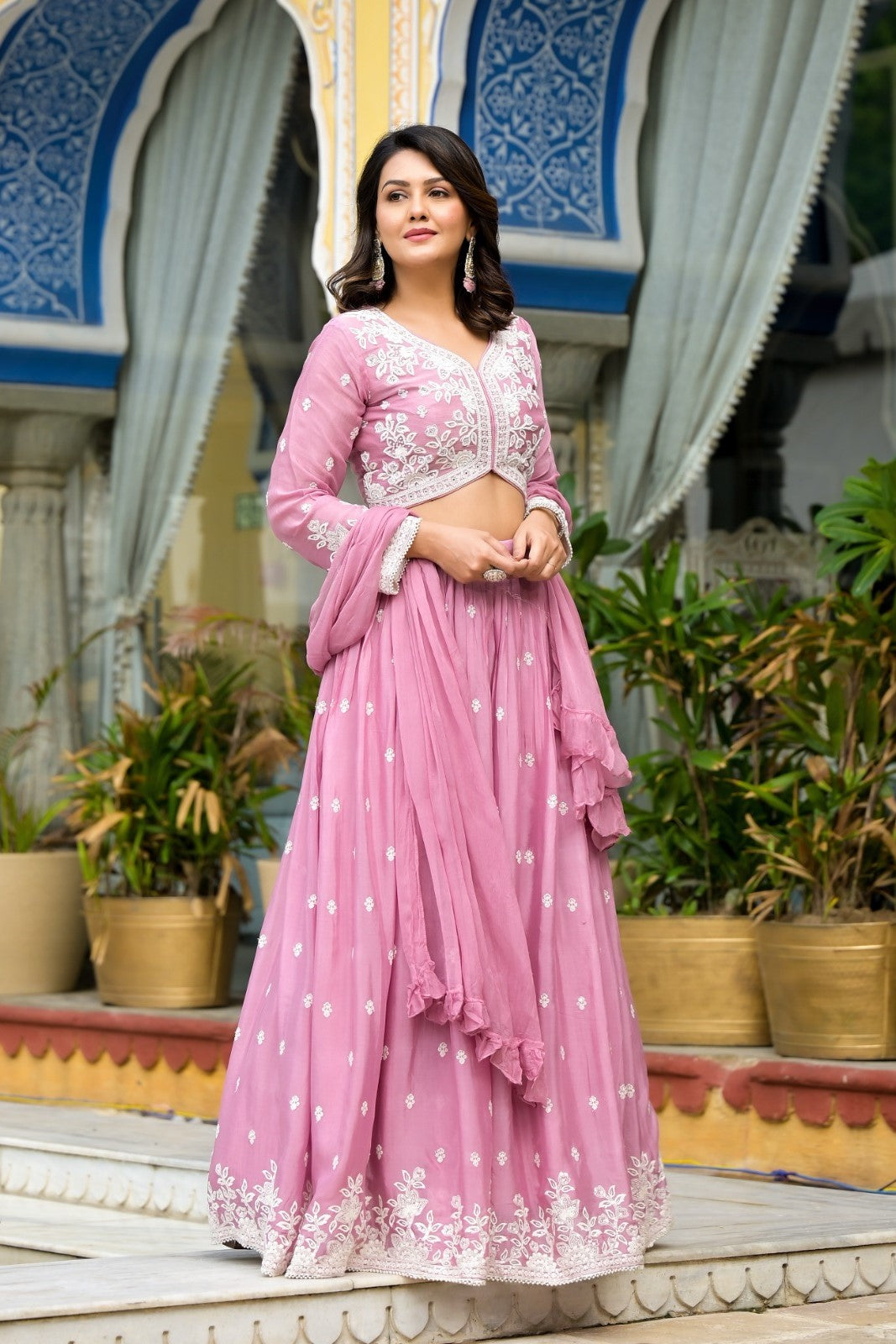 Pink Embroidered Tissue Organza Silk Skirt Set