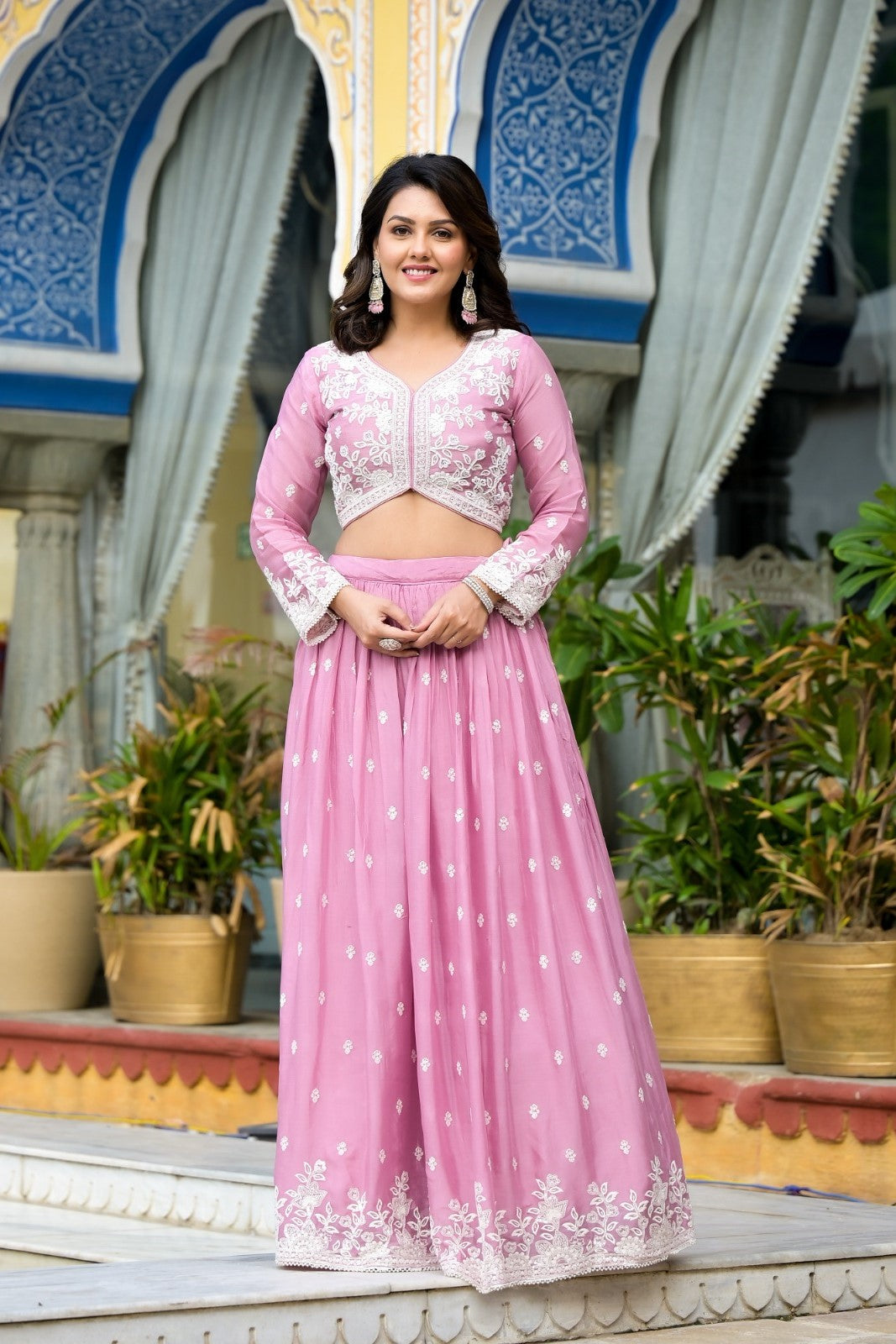 Pink Embroidered Tissue Organza Silk Skirt Set