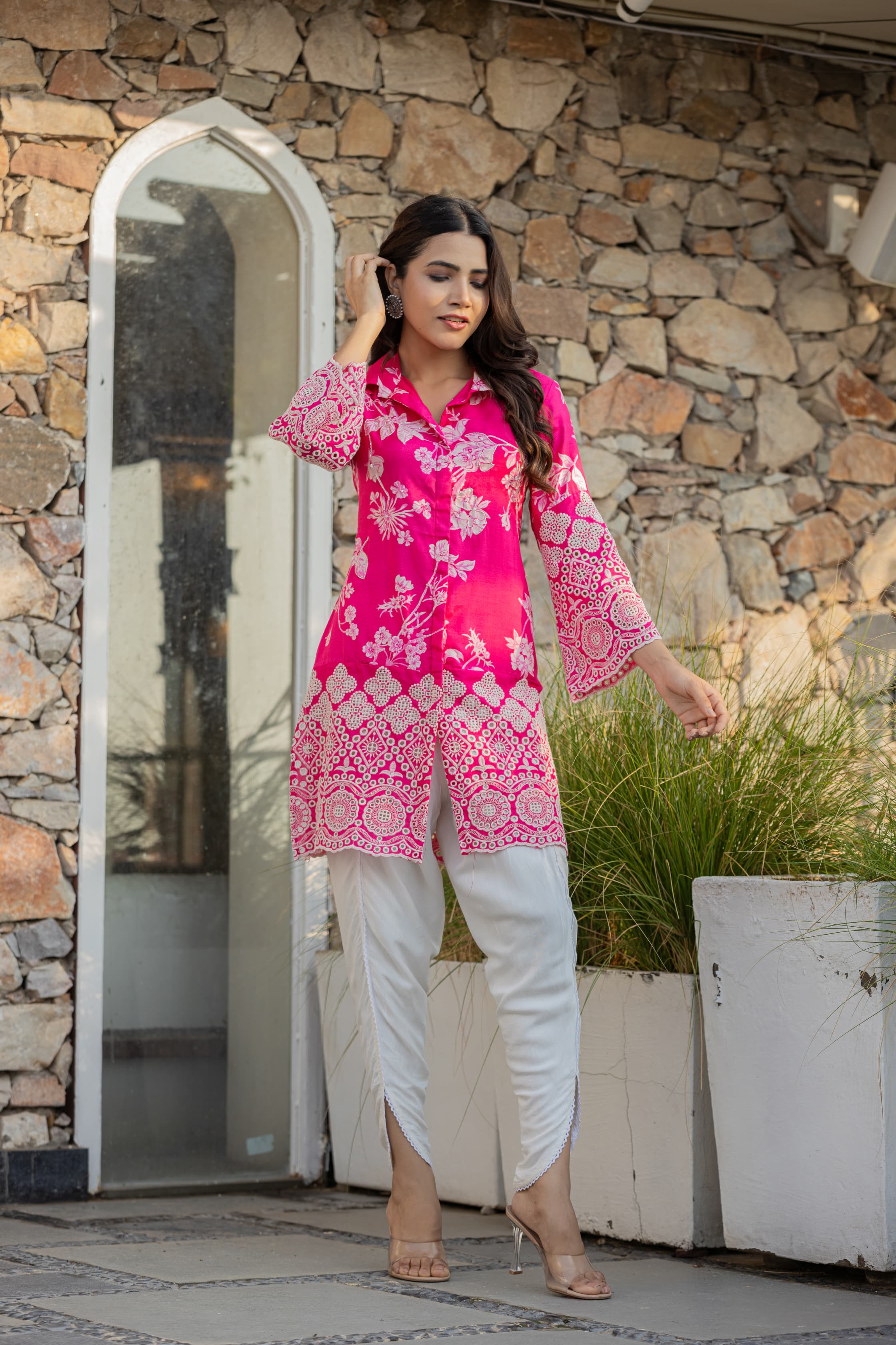 Pink Floral Printed Spanish Silk Dhoti Set