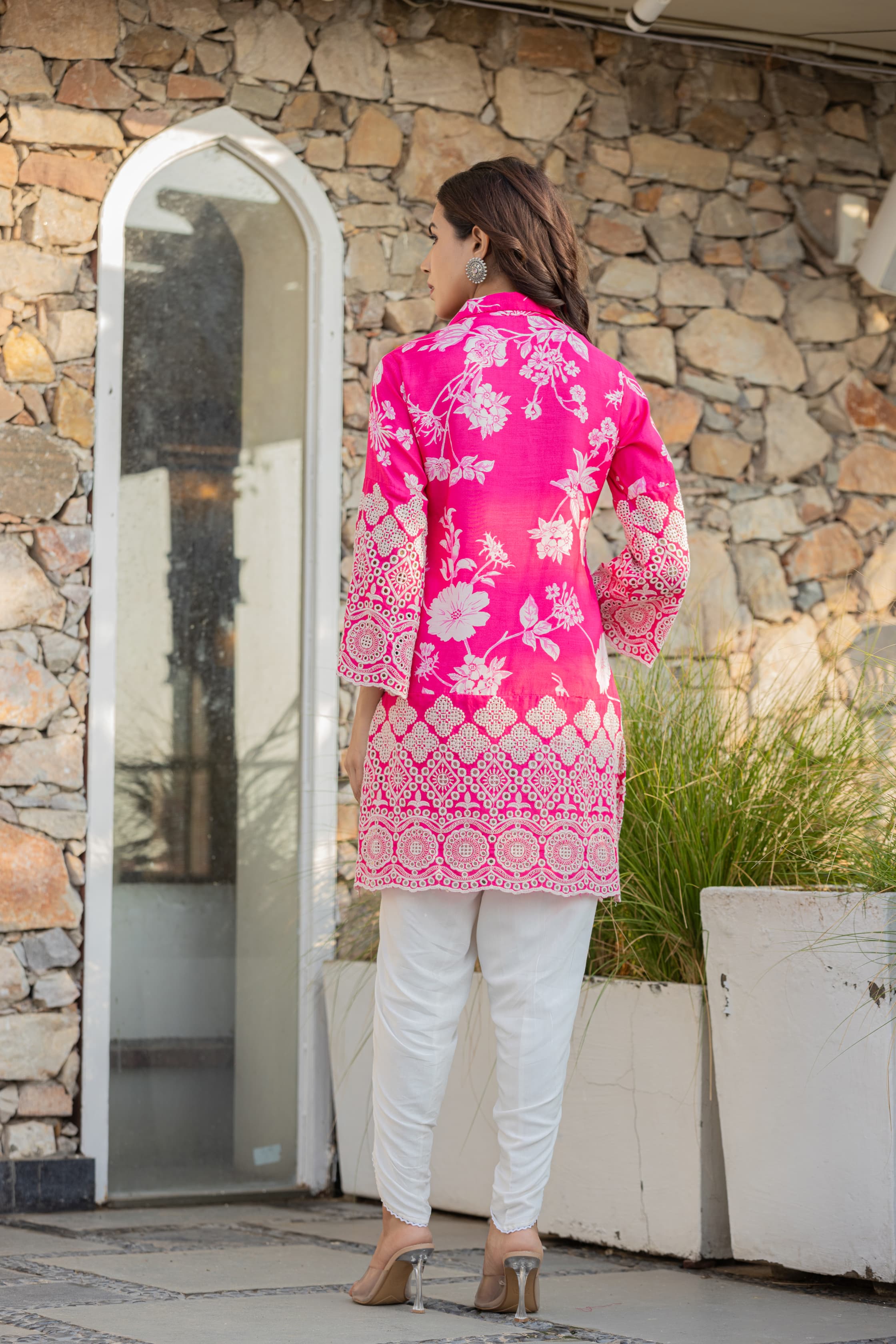 Pink Floral Printed Spanish Silk Dhoti Set