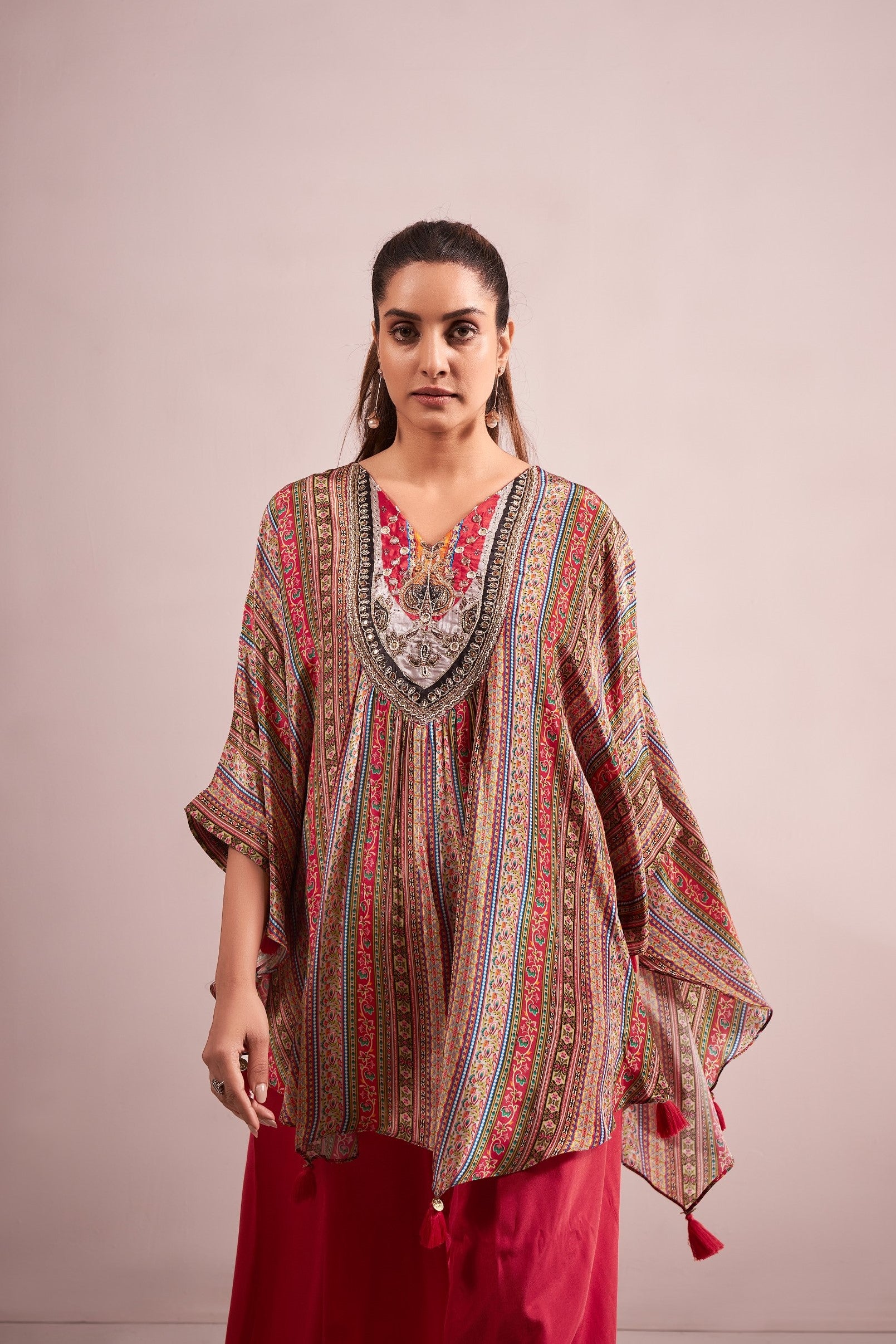 Red Printed Muslin Silk Kaftan Set