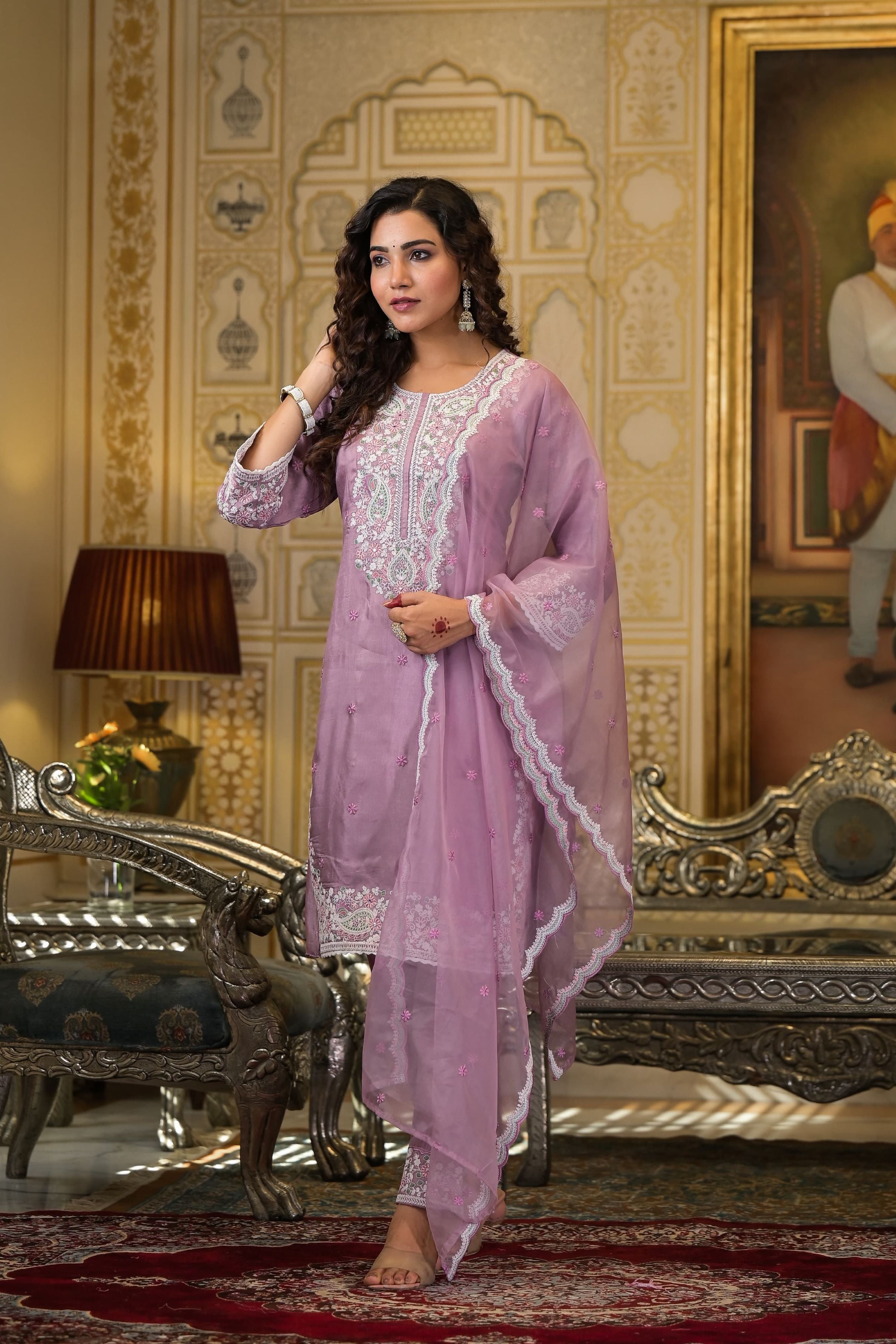 Light Mauve Embroidered Dola Silk Pants Set