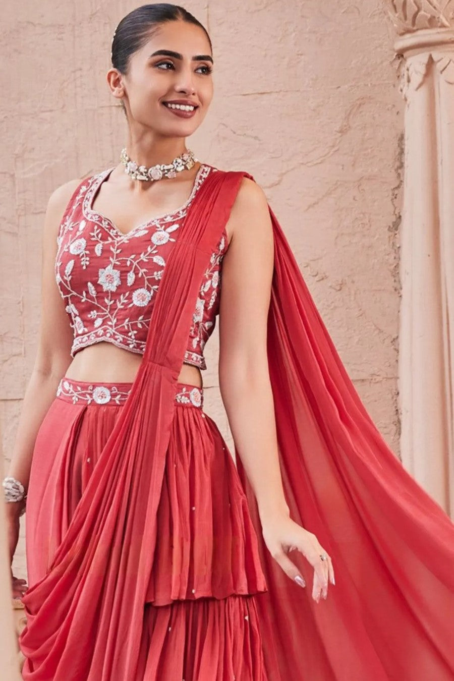 Coral Red Embellished Chinon Silk Draped Saree