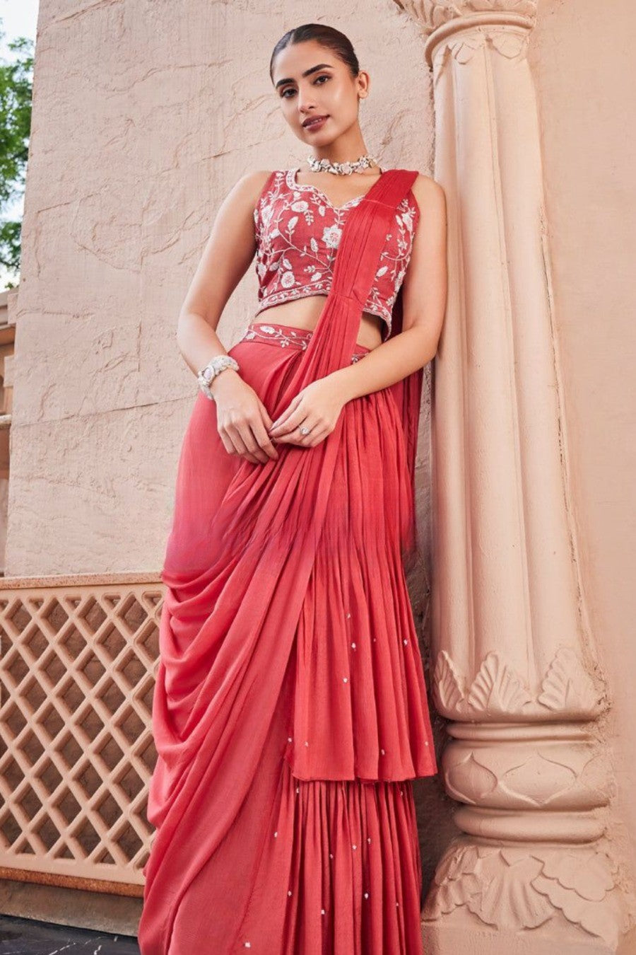 Coral Red Embellished Chinon Silk Draped Saree