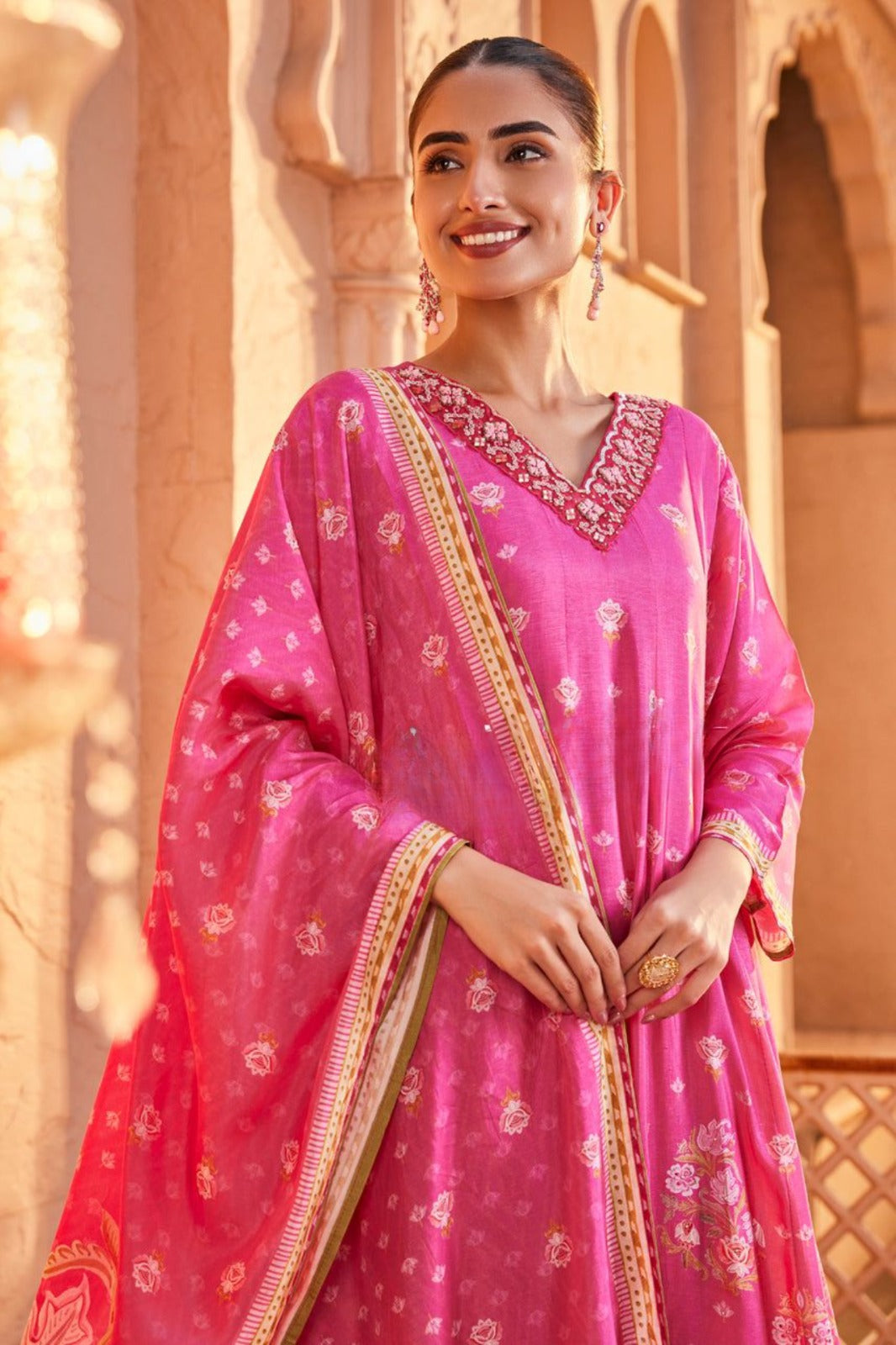 Pink Floral Printed Chinon Silk Anarkali Set